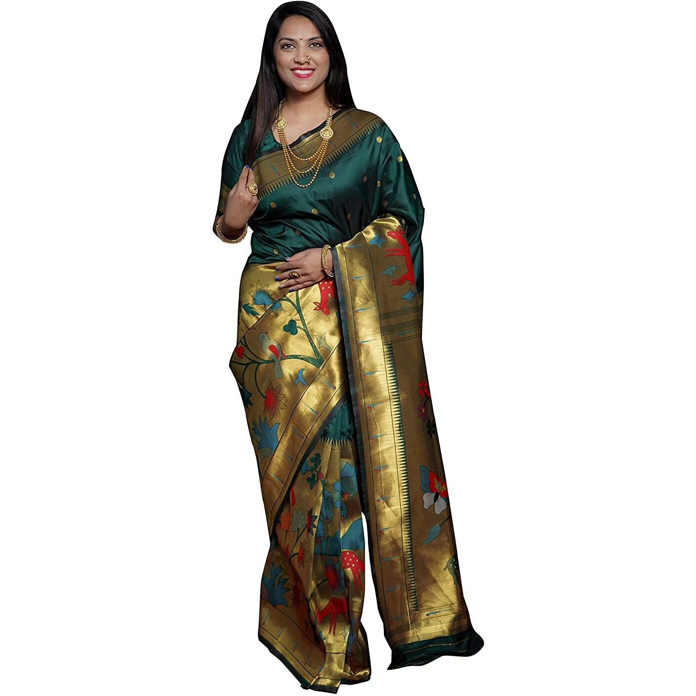 SGF11Womens Paithani Kanjivaram Pure Soft Silk Handloom Saree Pure Golden Zari With Blouse Piece (Dark Green)