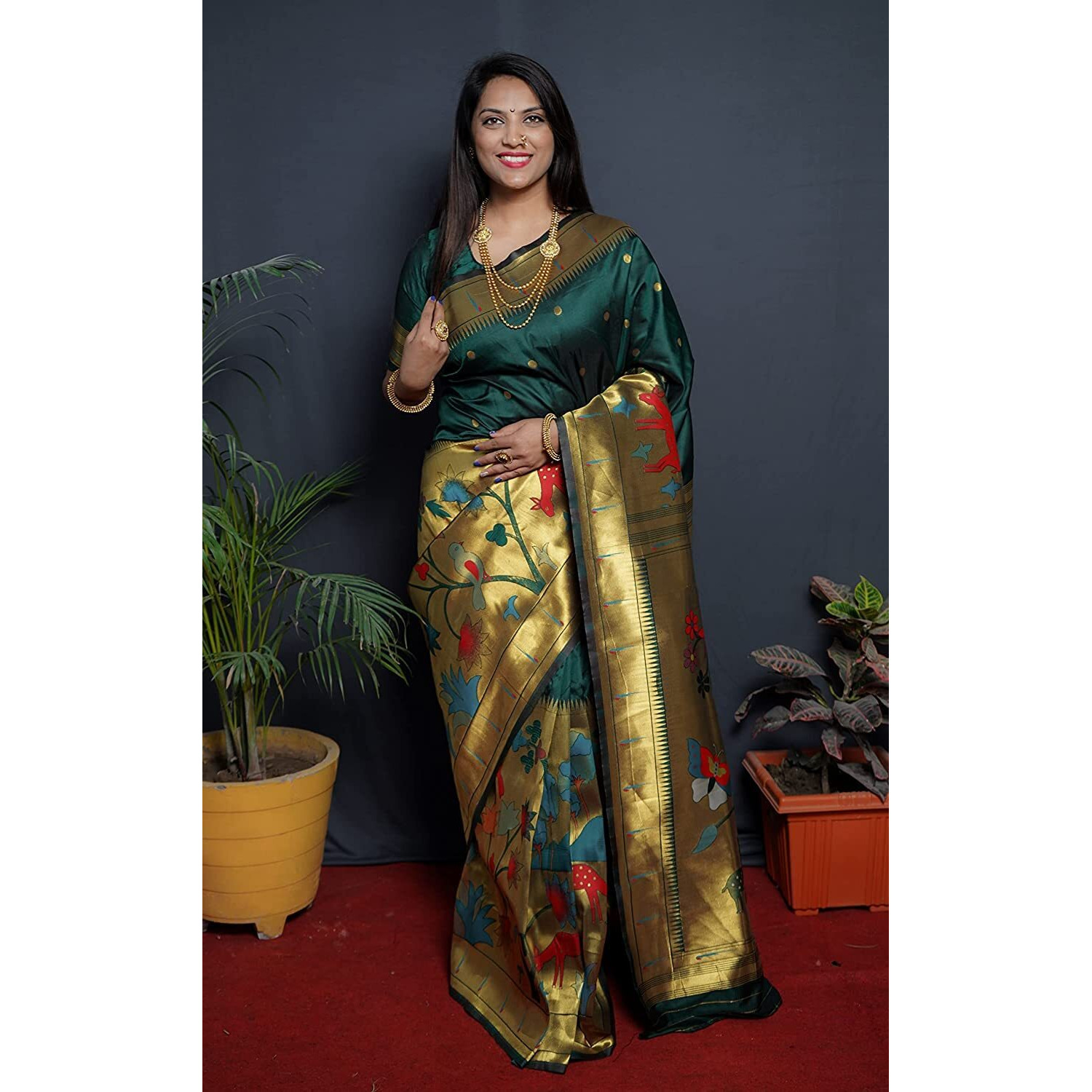 SGF11Womens Paithani Kanjivaram Pure Soft Silk Handloom Saree Pure Golden Zari With Blouse Piece (Dark Green)