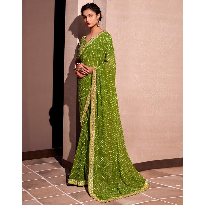 SIRIL Womens Georgette Leheriya Saree With Unstitched Blouse Piece (2555S283_Green)