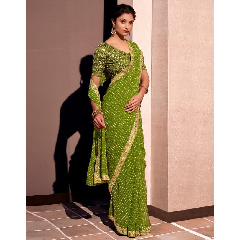 SIRIL Womens Georgette Leheriya Saree With Unstitched Blouse Piece (2555S283_Green)