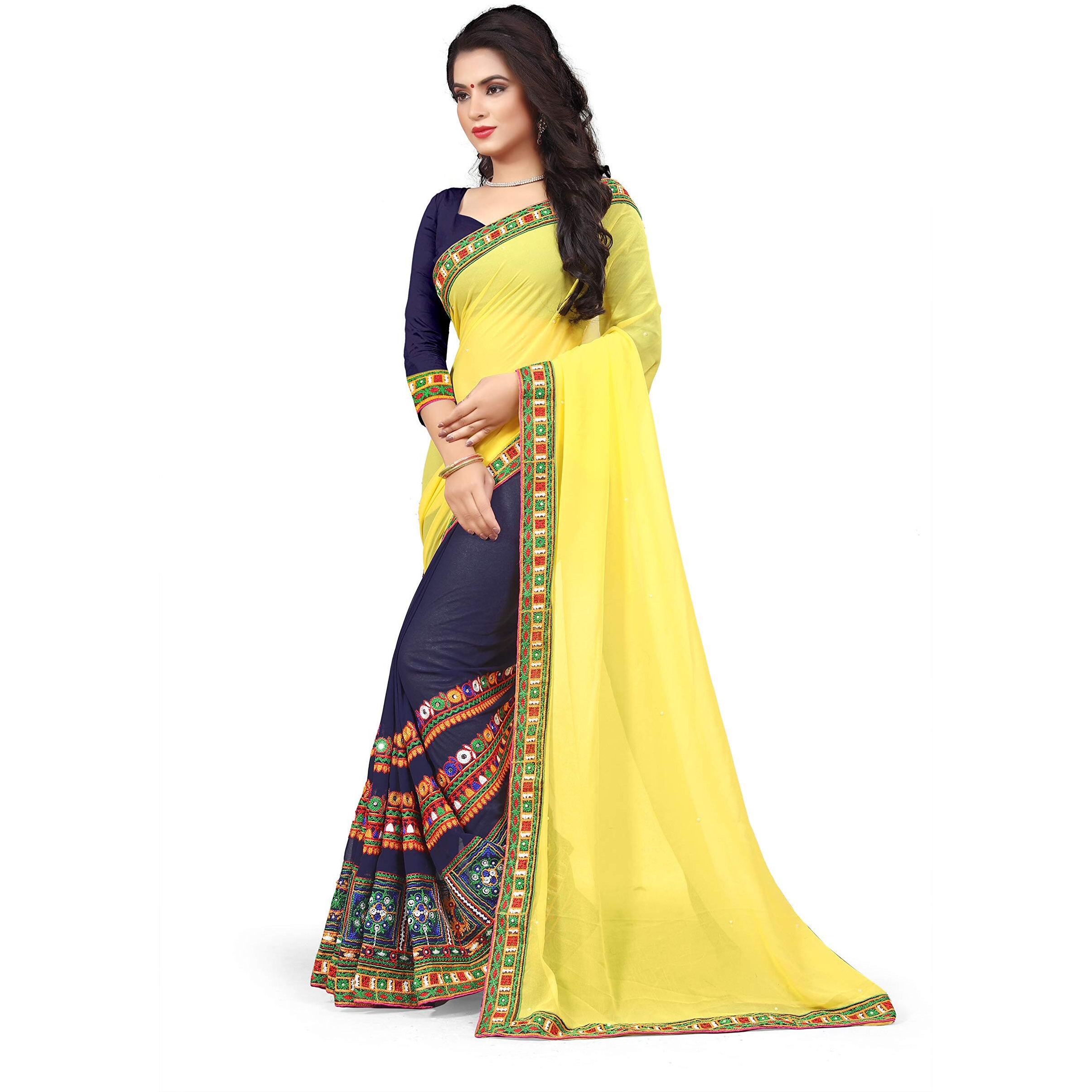 SERONA FABRICS Womens Georgette Saree With Blouse Piece (Serona31_SME_Yellow & Navy Blue)
