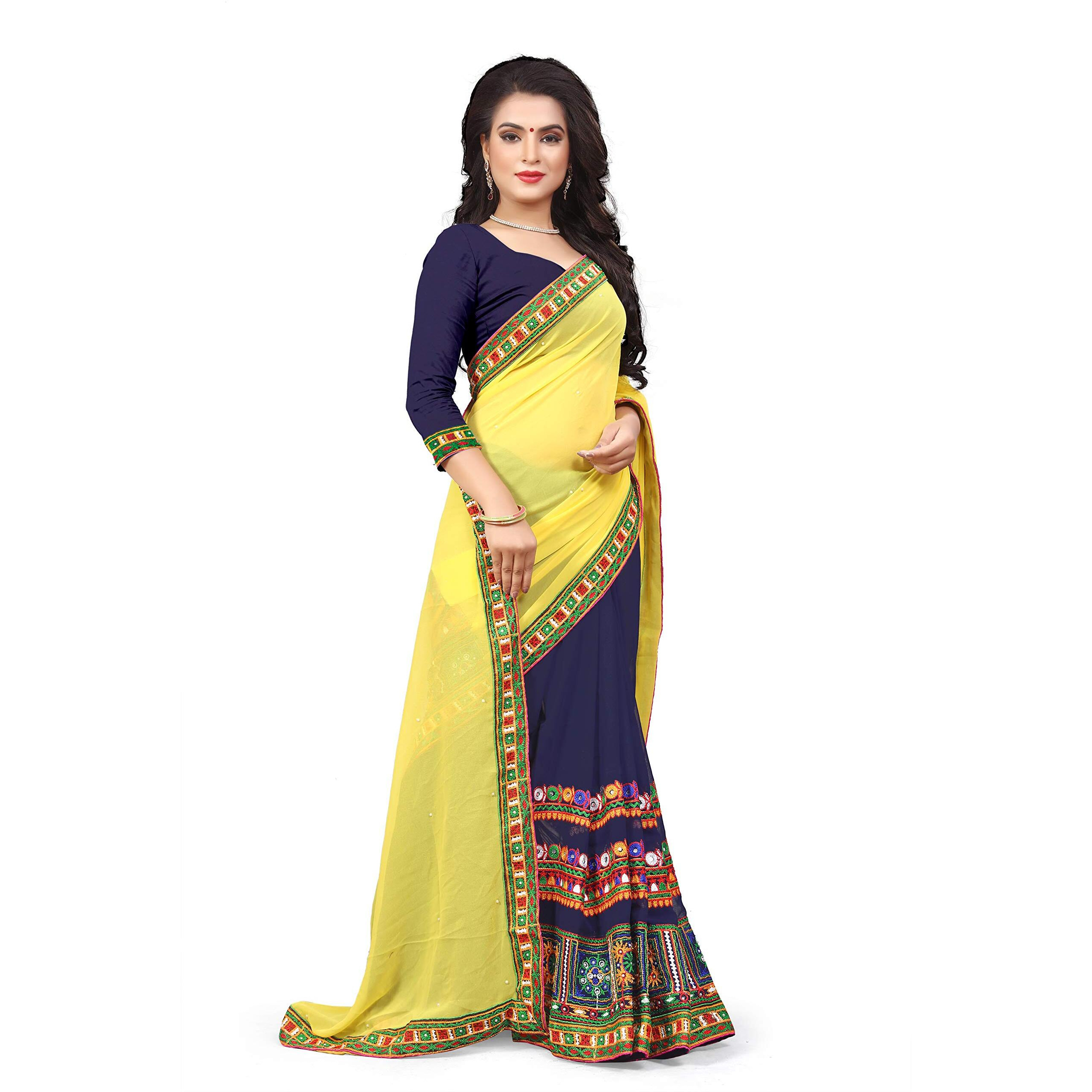 SERONA FABRICS Womens Georgette Saree With Blouse Piece (Serona31_SME_Yellow & Navy Blue)