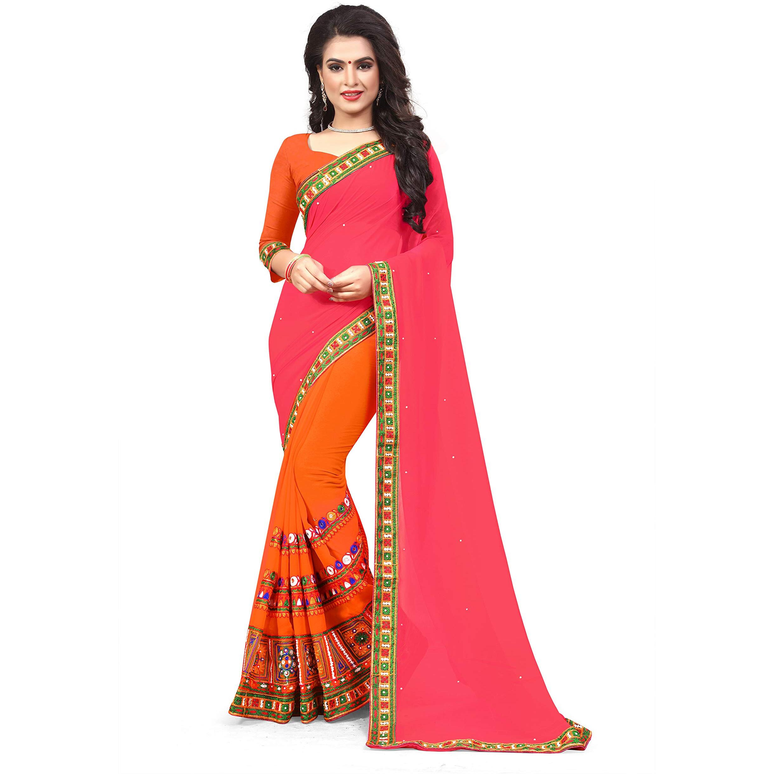 SERONA FABRICS Womens Georgette Saree With Blouse Piece (Serona11_SME_Pink & Orange)