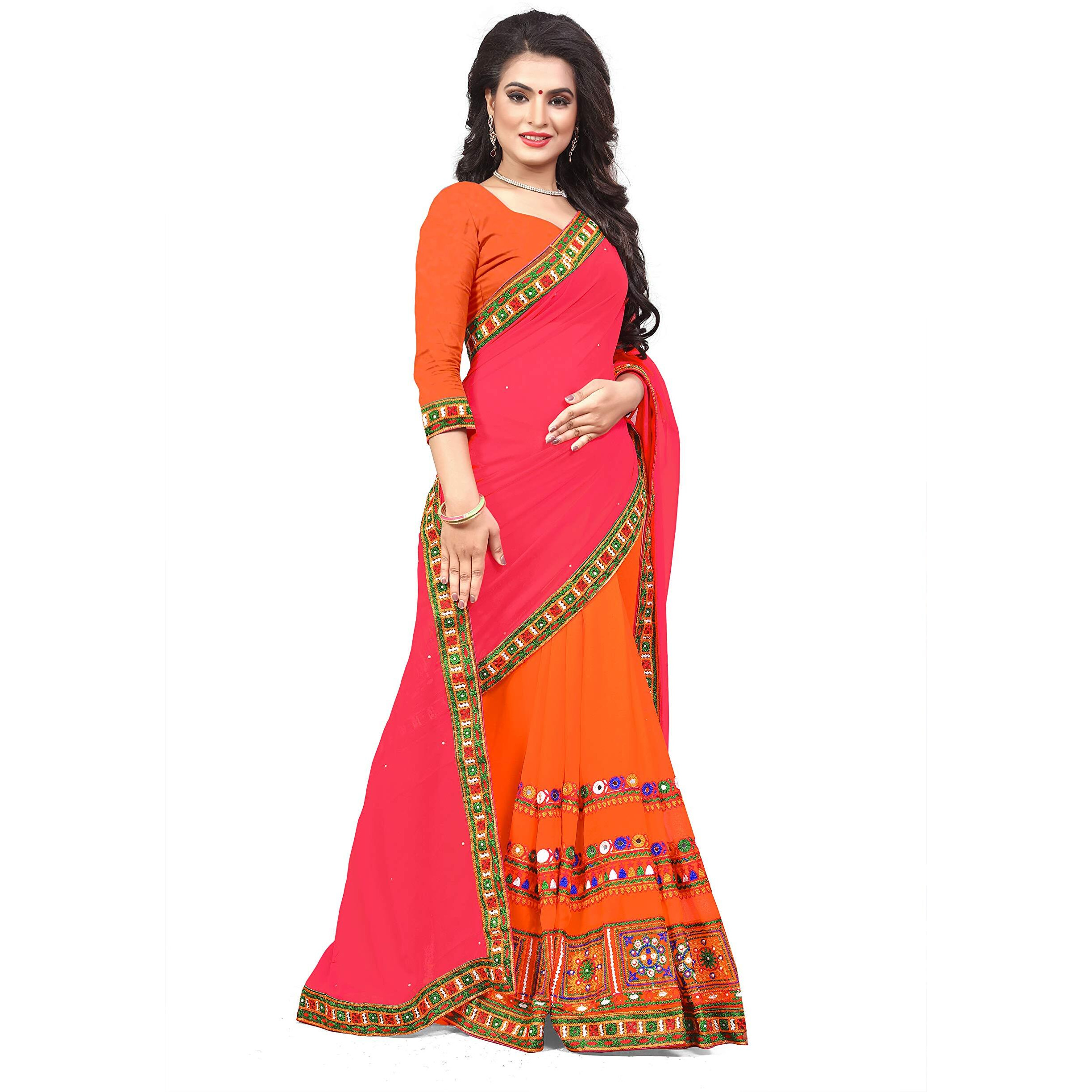 SERONA FABRICS Womens Georgette Saree With Blouse Piece (Serona11_SME_Pink & Orange)