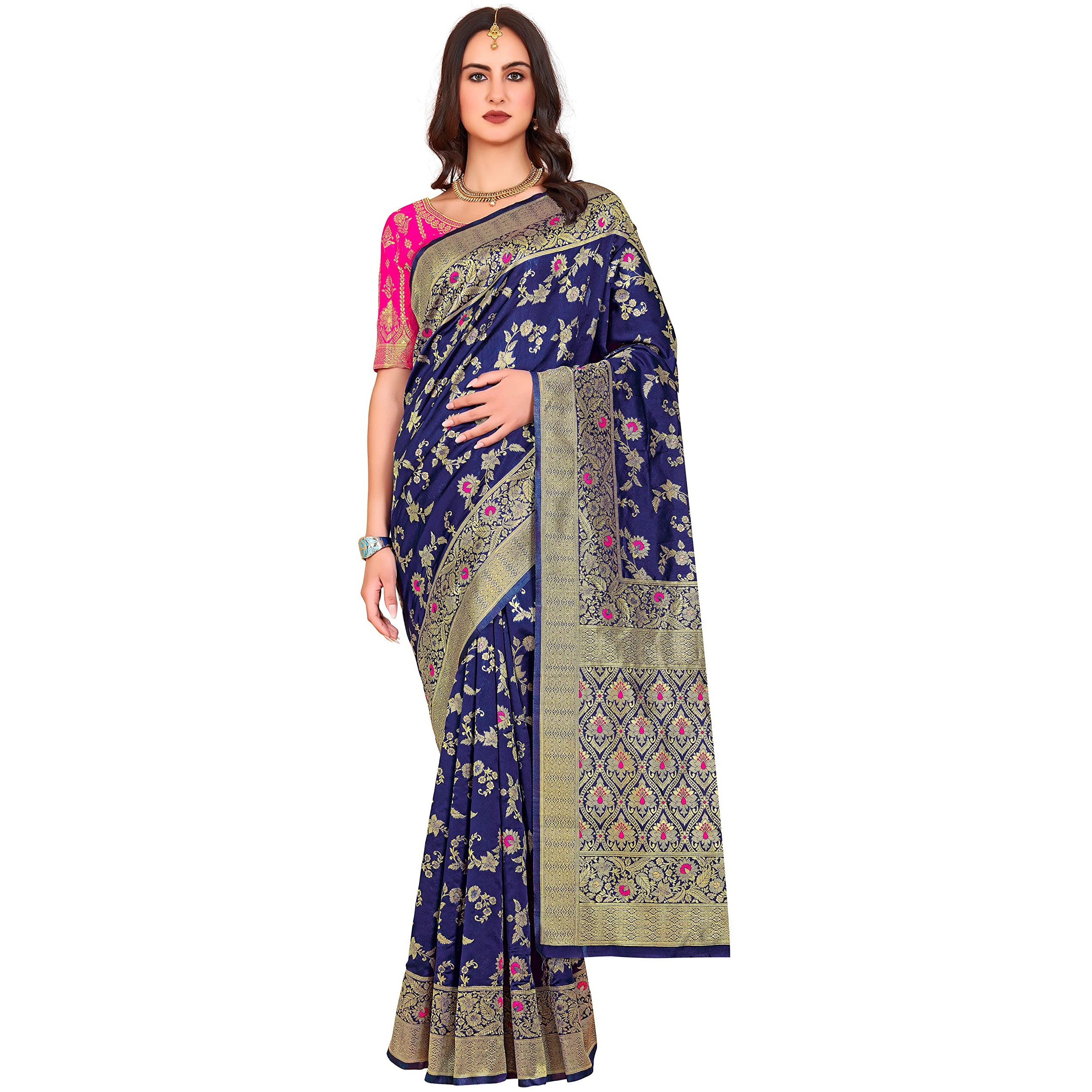 Glory Sarees Womens Banarasi Silk Saree With Blouse Piece (Kara164_Navyblue)