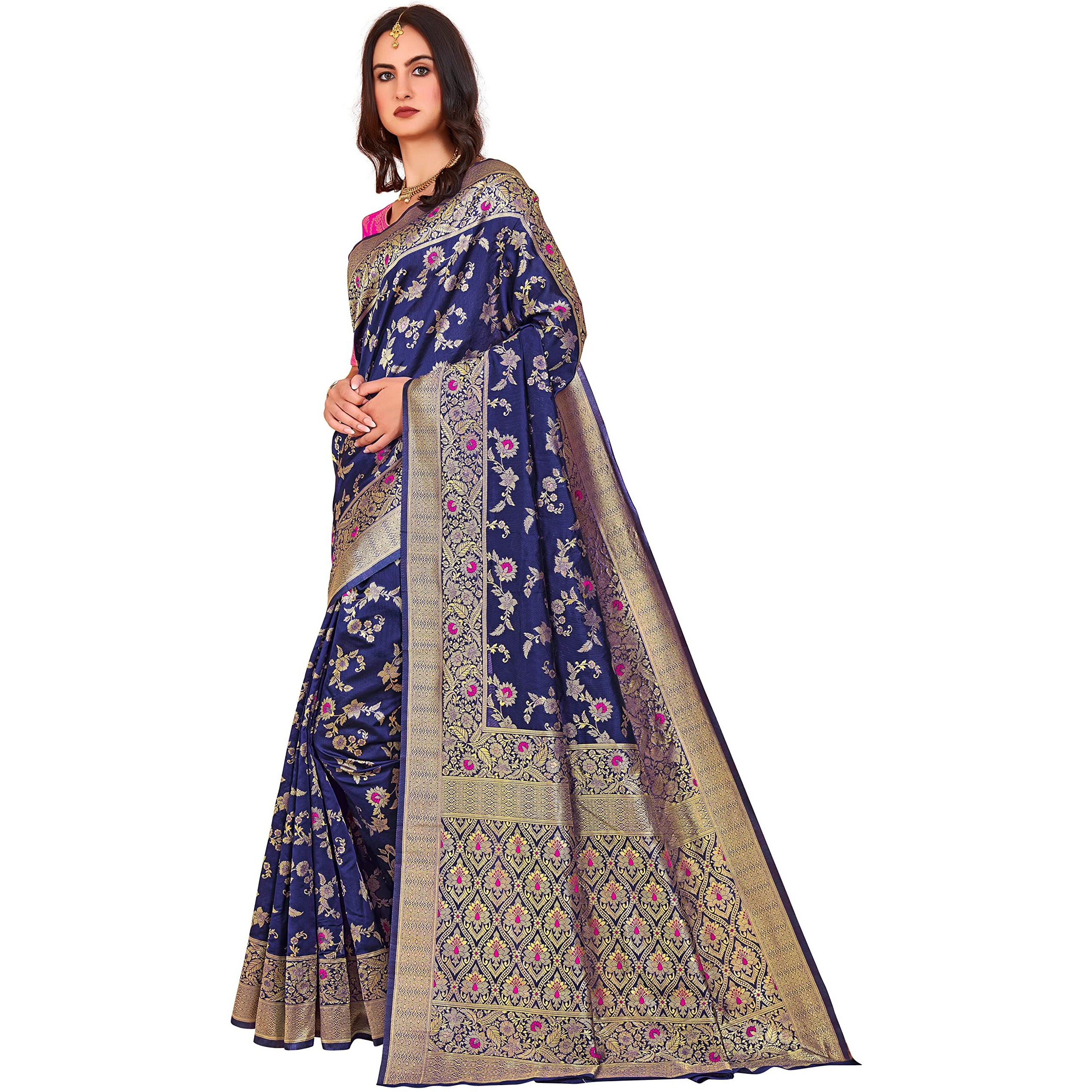 Glory Sarees Womens Banarasi Silk Saree With Blouse Piece (Kara164_Navyblue)