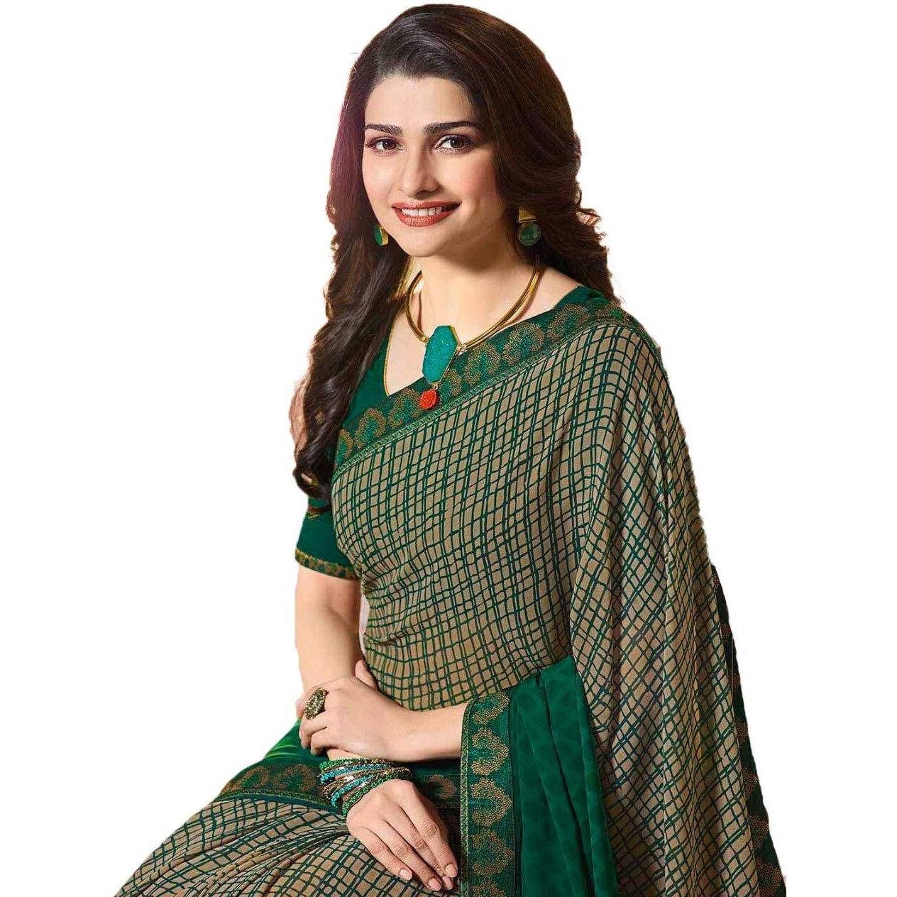 Shruhad  Womens Georgette Printed Saree with Jacquard Lace Border & Blouse Piece in Green color (Saree Length 6.3 Mtr) (dark green)