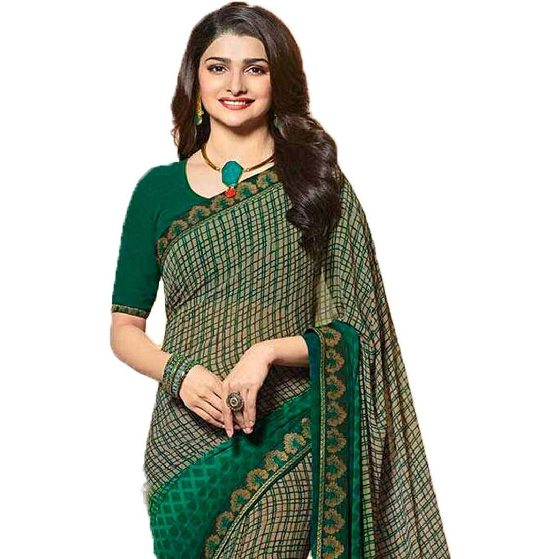 Shruhad  Womens Georgette Printed Saree with Jacquard Lace Border & Blouse Piece in Green color (Saree Length 6.3 Mtr) (dark green)