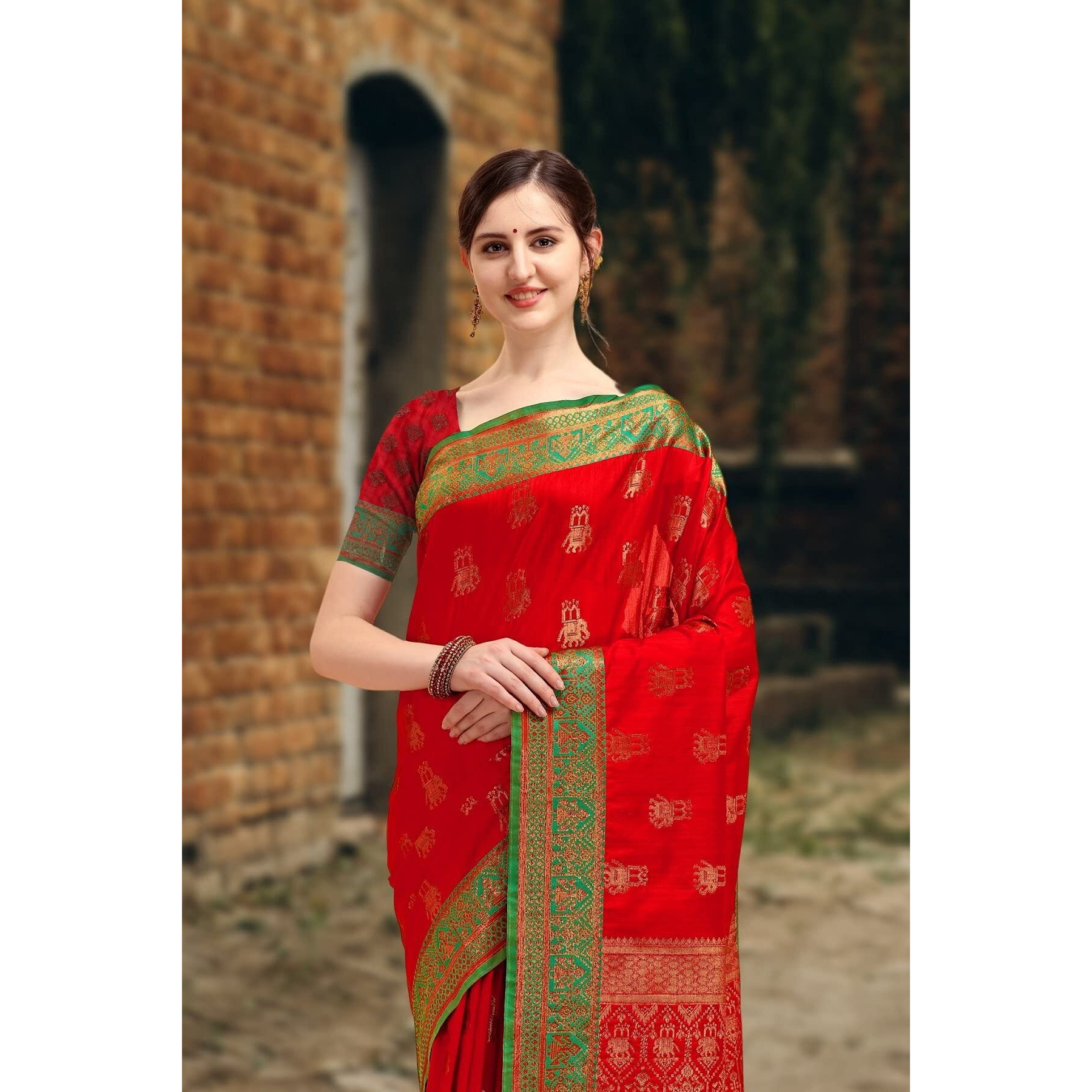 NK Textiles Womens Kanjivaram Tussar Silk Saree With Blouse Piece (C14BF1005_Red, Green)