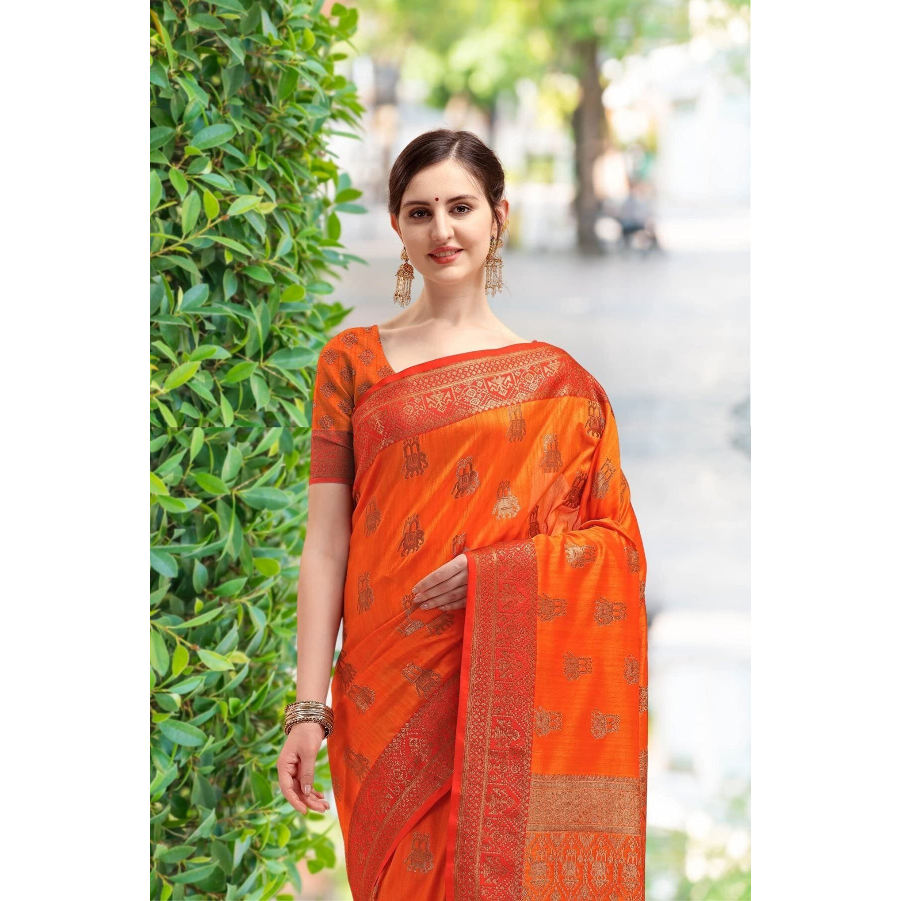 Nk Textiles Womens Kanjivaram Silk Saree With Blouse Piece (c14bf1003_orange)