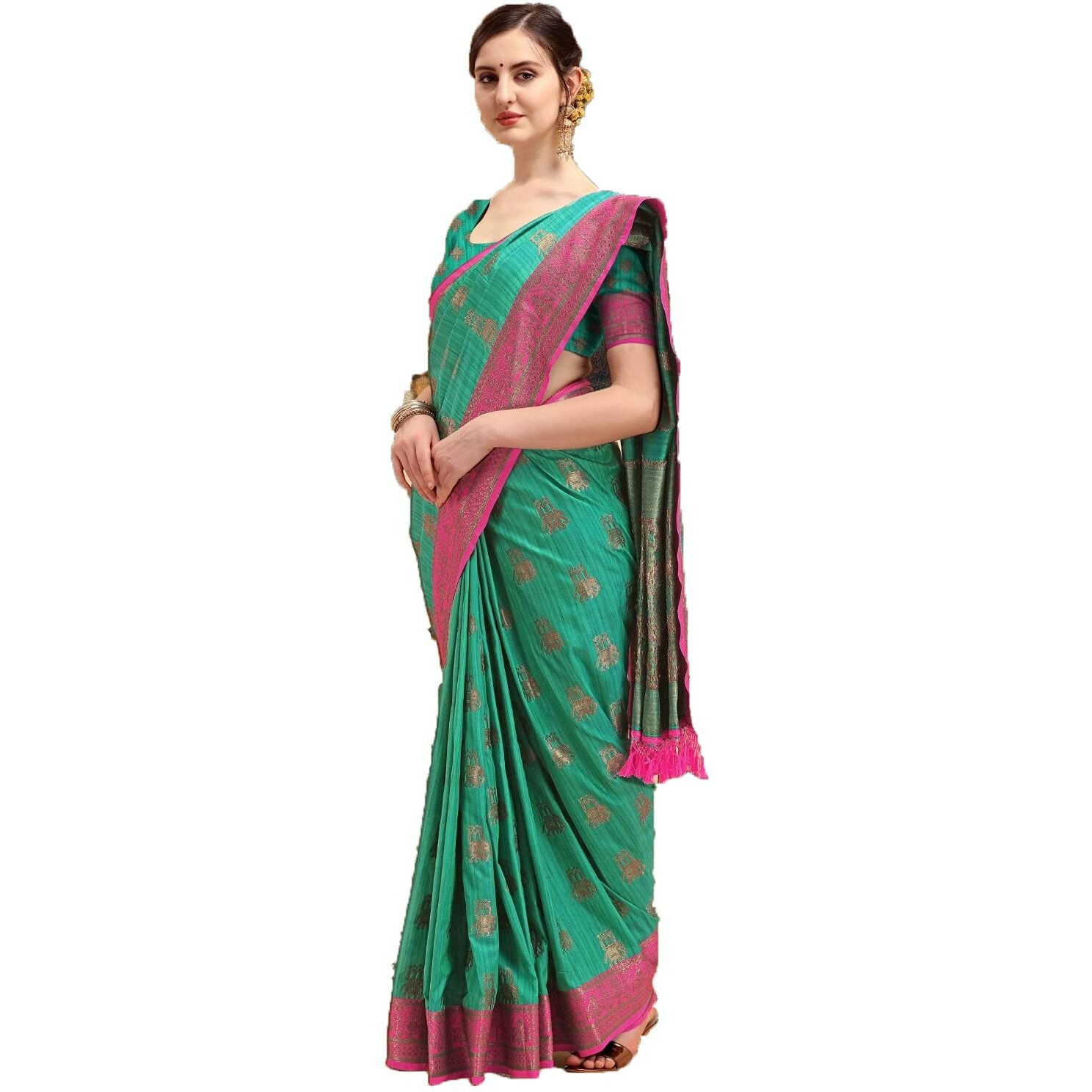 NK Textiles Womens Kanjivaram Tussar Silk Saree With Blouse Piece (C14BF1004_Green, Pink)