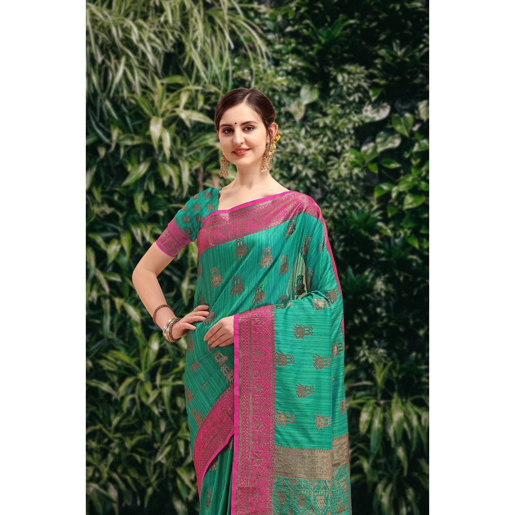 NK Textiles Womens Kanjivaram Tussar Silk Saree With Blouse Piece (C14BF1004_Green, Pink)