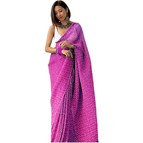 SGF11- Womens Full Crushed Pleated Digital Printed Pure Georgette Saree With Unstitched Blouse Piece (Pink)