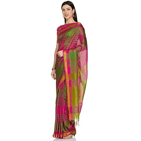 DHRUVI TRENDZ Womens Kanchipuram Cotton & Silk Saree With Blouse Piece (Dt-S1115&S1204_Multi & Rama Green)