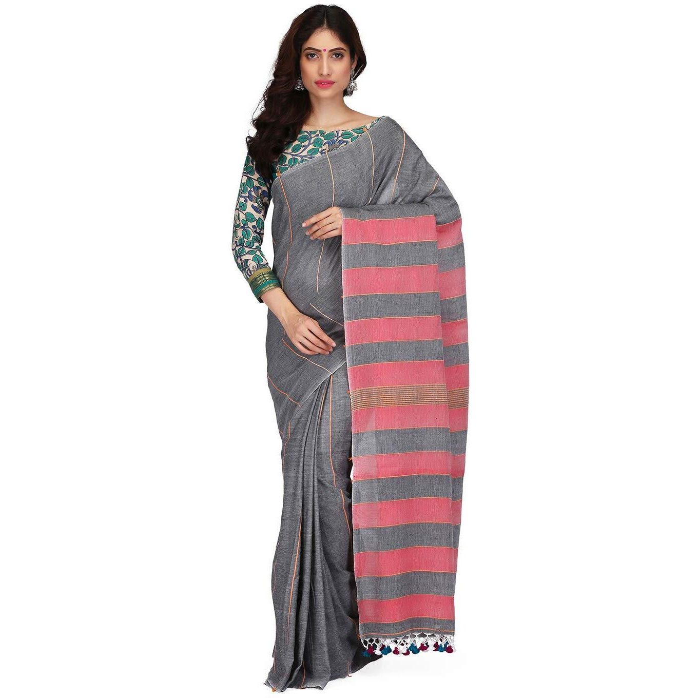 THE WEAVE TRAVELLER Handloom Cotton Khesh Saree With Attached Blouse With Pom Pom Edgings(TWT_KHESH_BLKGRY_151, Grey)