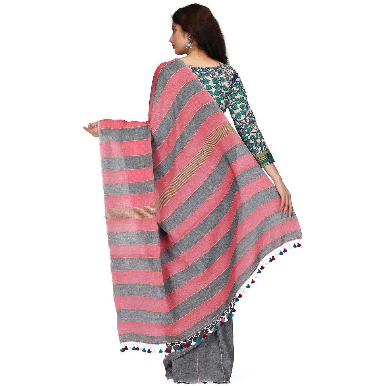 THE WEAVE TRAVELLER Handloom Cotton Khesh Saree With Attached Blouse With Pom Pom Edgings(TWT_KHESH_BLKGRY_151, Grey)