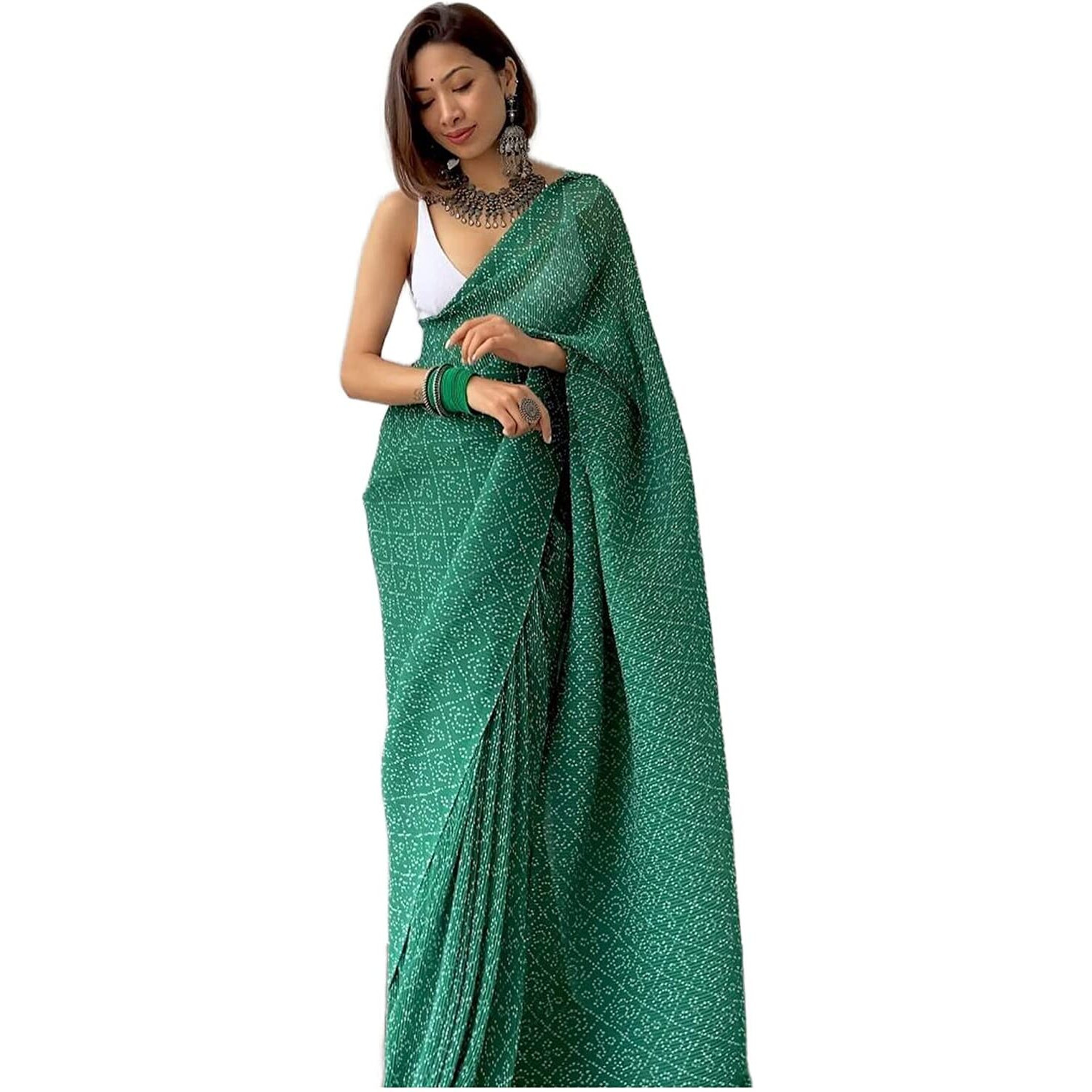 SGF11- Womens Full Crushed Pleated Digital Printed Pure Georgette Saree With Unstitched Blouse Piece (Green)