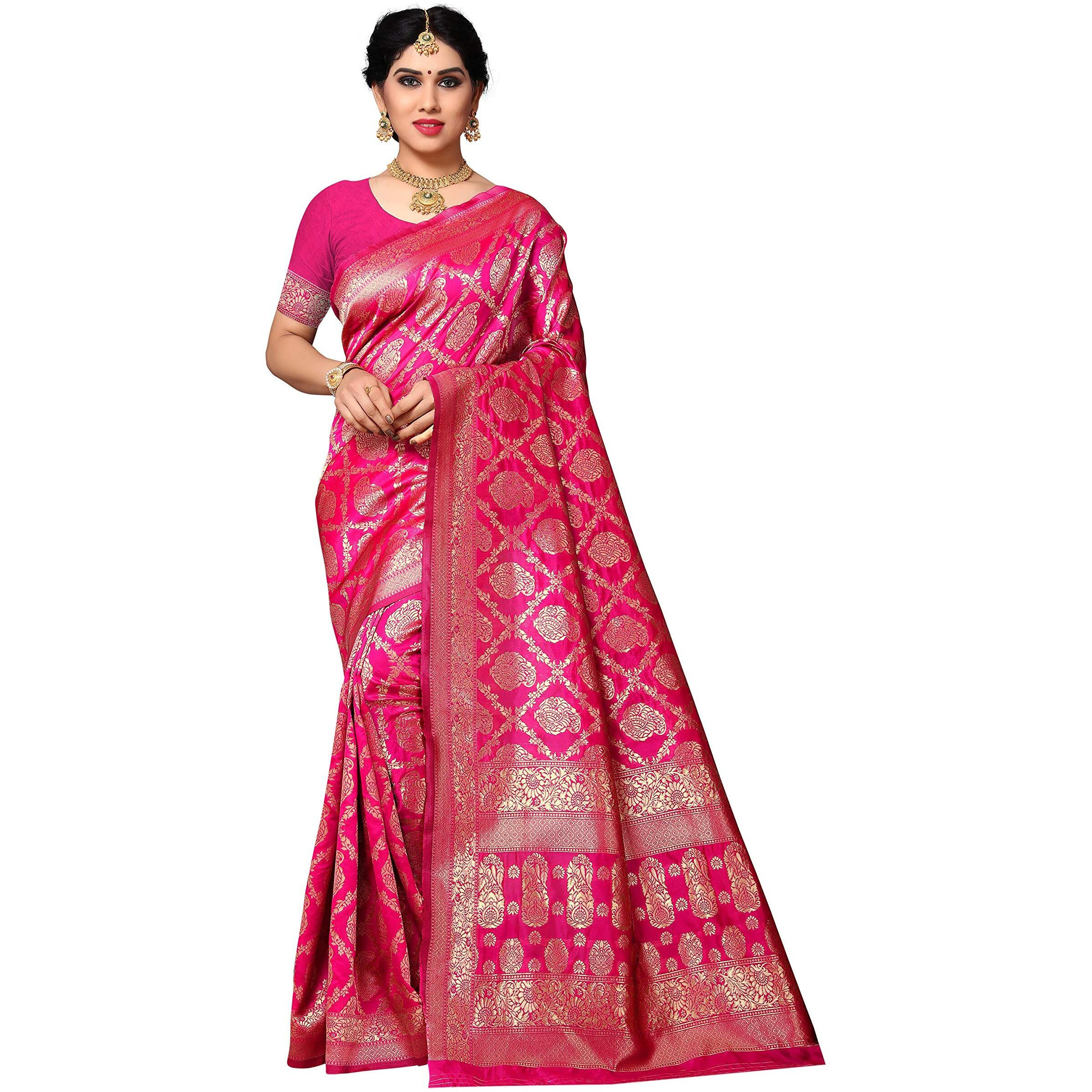 Sidhidata Womens Banarasi Silk Saree With Unstitched Blouse Piece (silk rani_Rani)