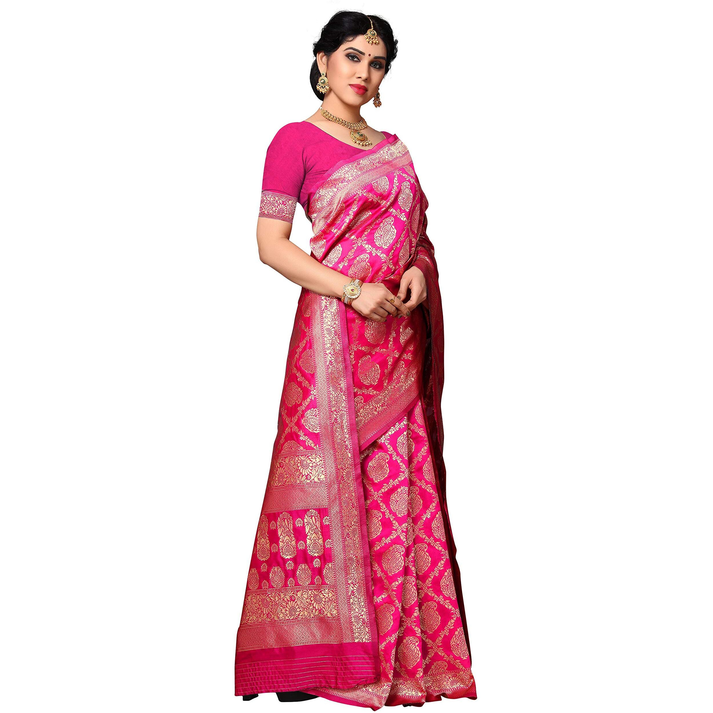 Sidhidata Womens Banarasi Silk Saree With Unstitched Blouse Piece (silk rani_Rani)