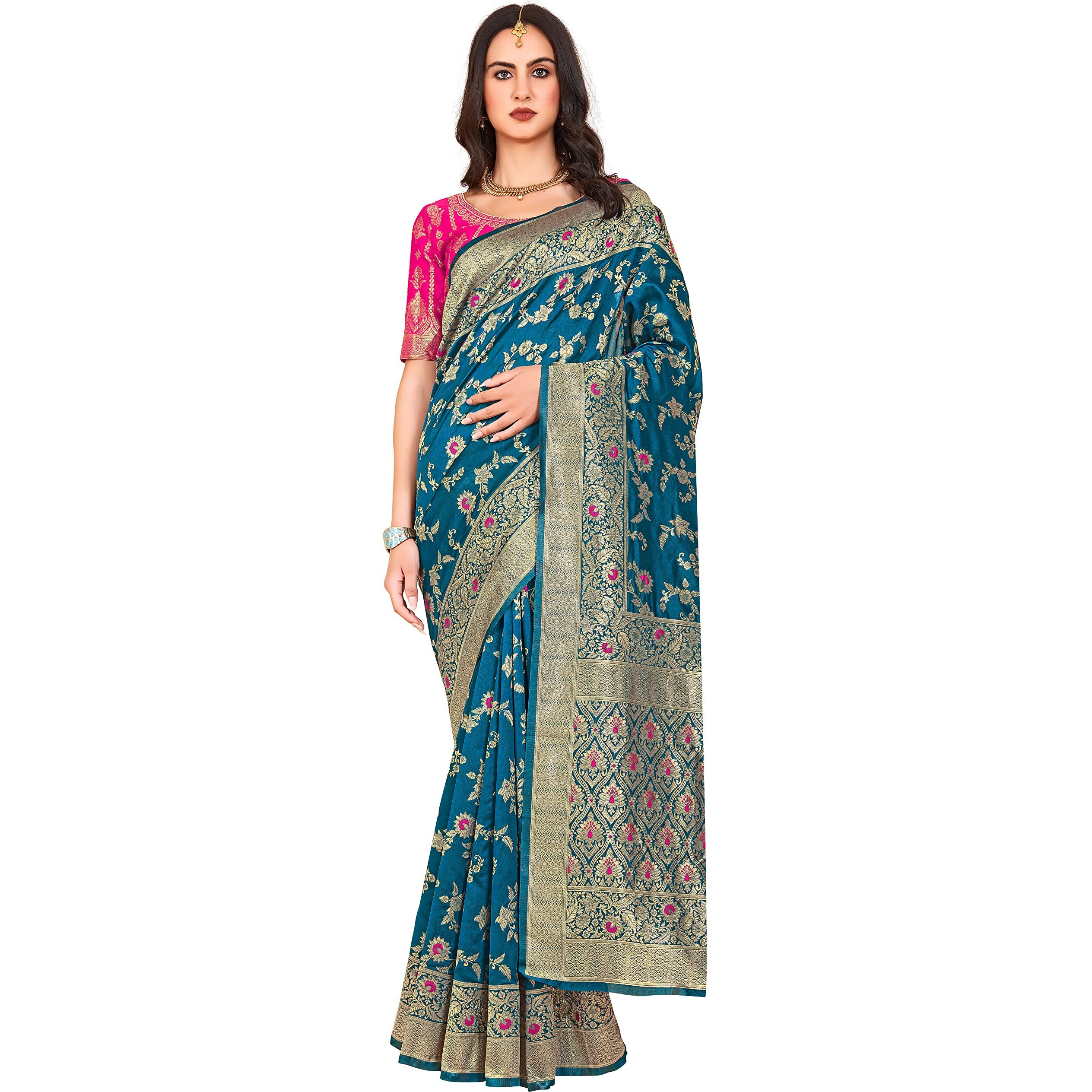 Glory Sarees Womens Blend Banarasi Silk Saree (Kara164_Firozi