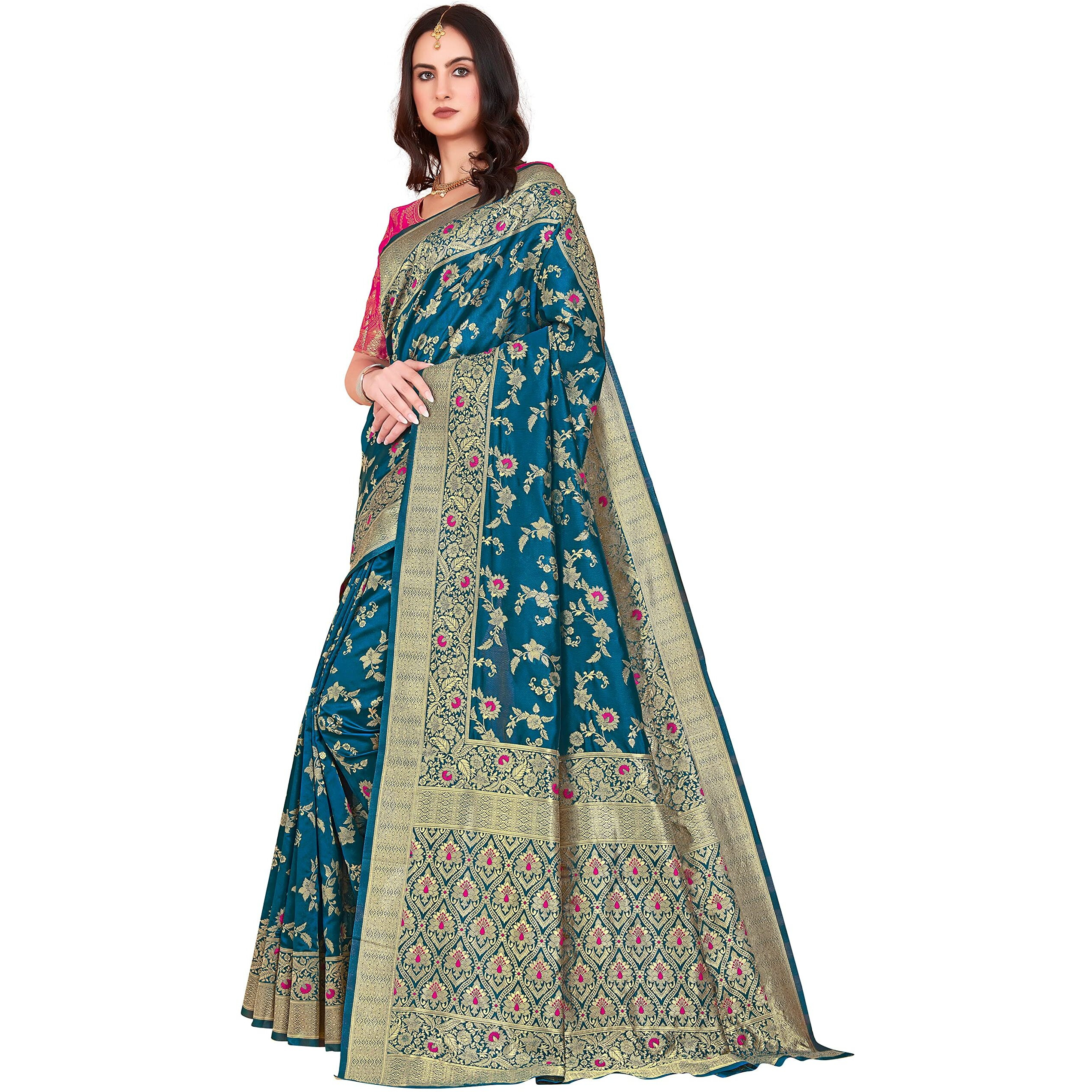Glory Sarees Womens Blend Banarasi Silk Saree (Kara164_Firozi