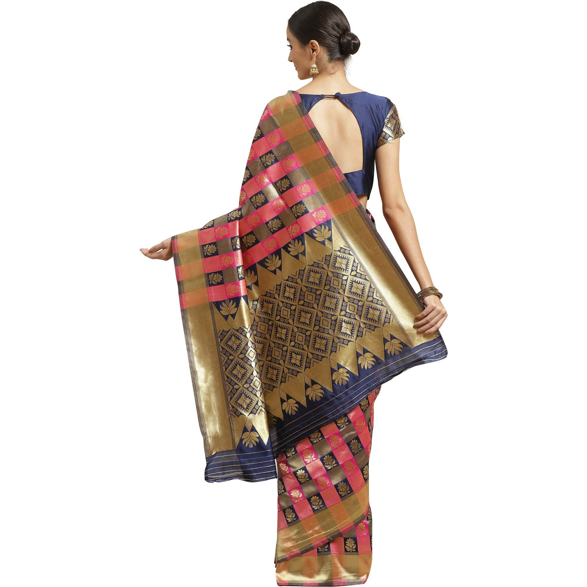 AKHILAM Womens Solid Silk Blend Saree With Unstitched Blouse Piece(Navy Blue & Pink_HSA27004)