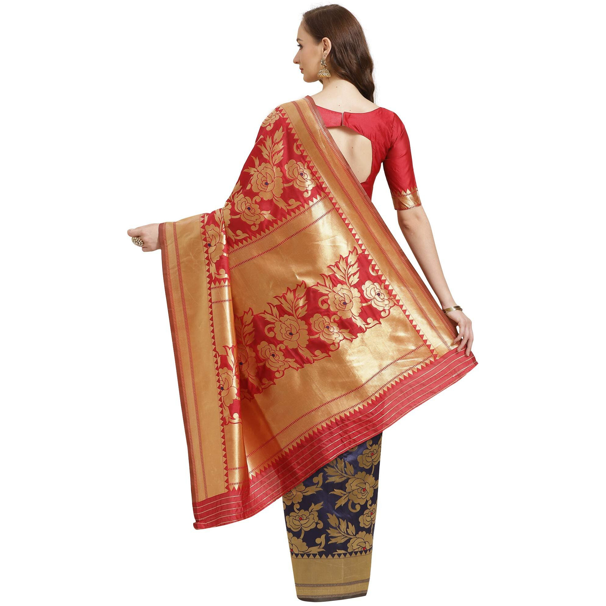 AKHILAM Womens Silk Blend Saree with Unstitched Blouse Piece(HSA270) (Red & Navy Blue)
