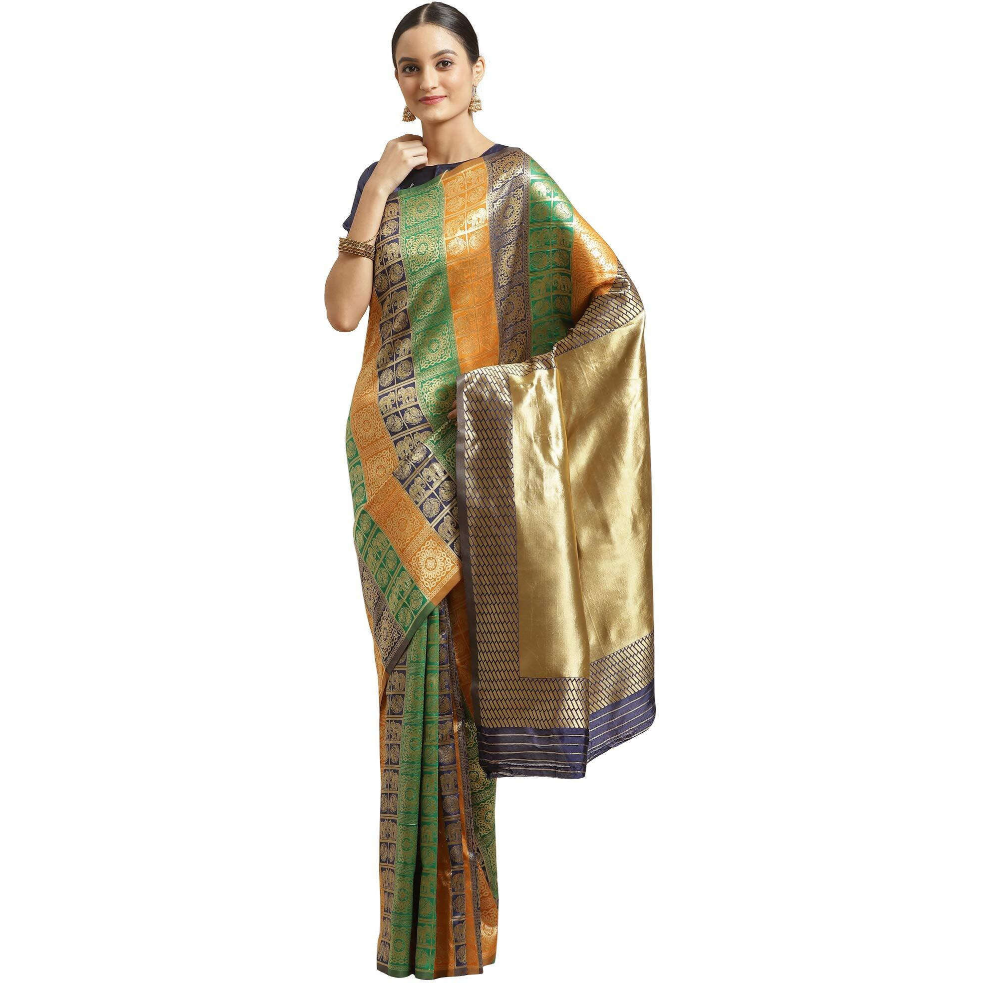 AKHILAM Womens Solid Silk Blend Saree With Unstitched Blouse Piece(Multi_HSA27002)
