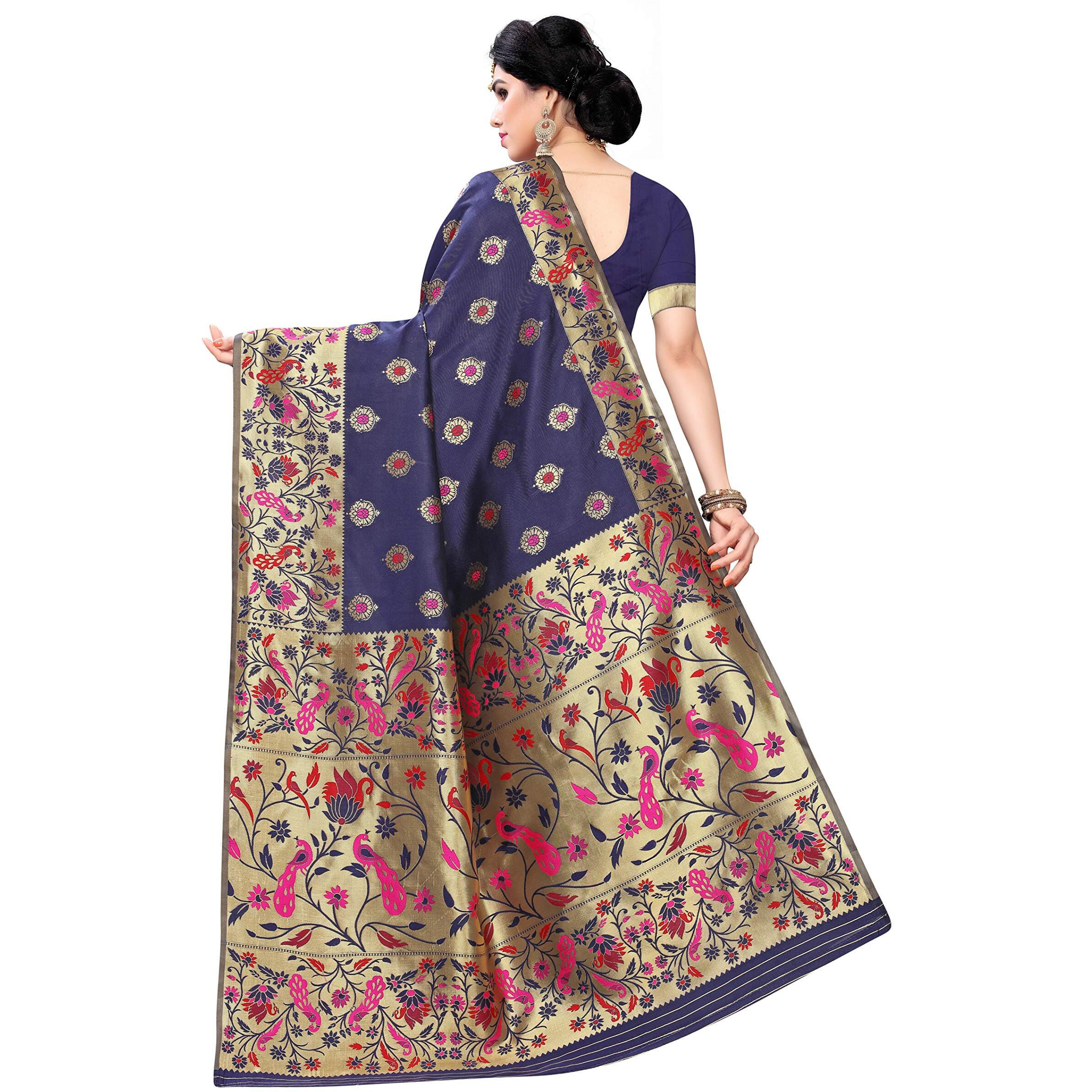 AKHILAM Womens Banarasi Silk Woven Design Saree With Unstitched Blouse Piece(Navy Blue_PRS6409_QL)