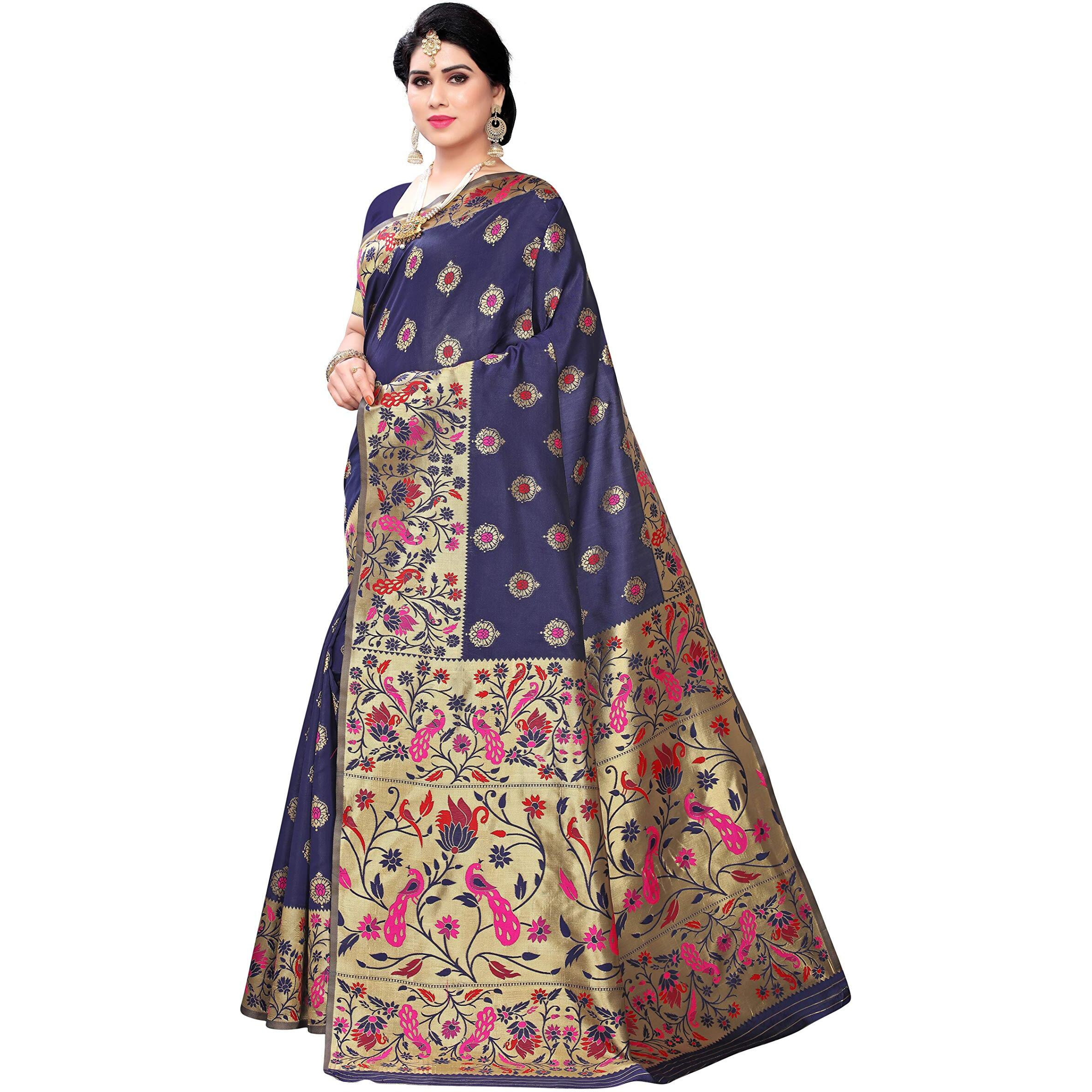 AKHILAM Womens Banarasi Silk Woven Design Saree With Unstitched Blouse Piece(Navy Blue_PRS6409_QL)