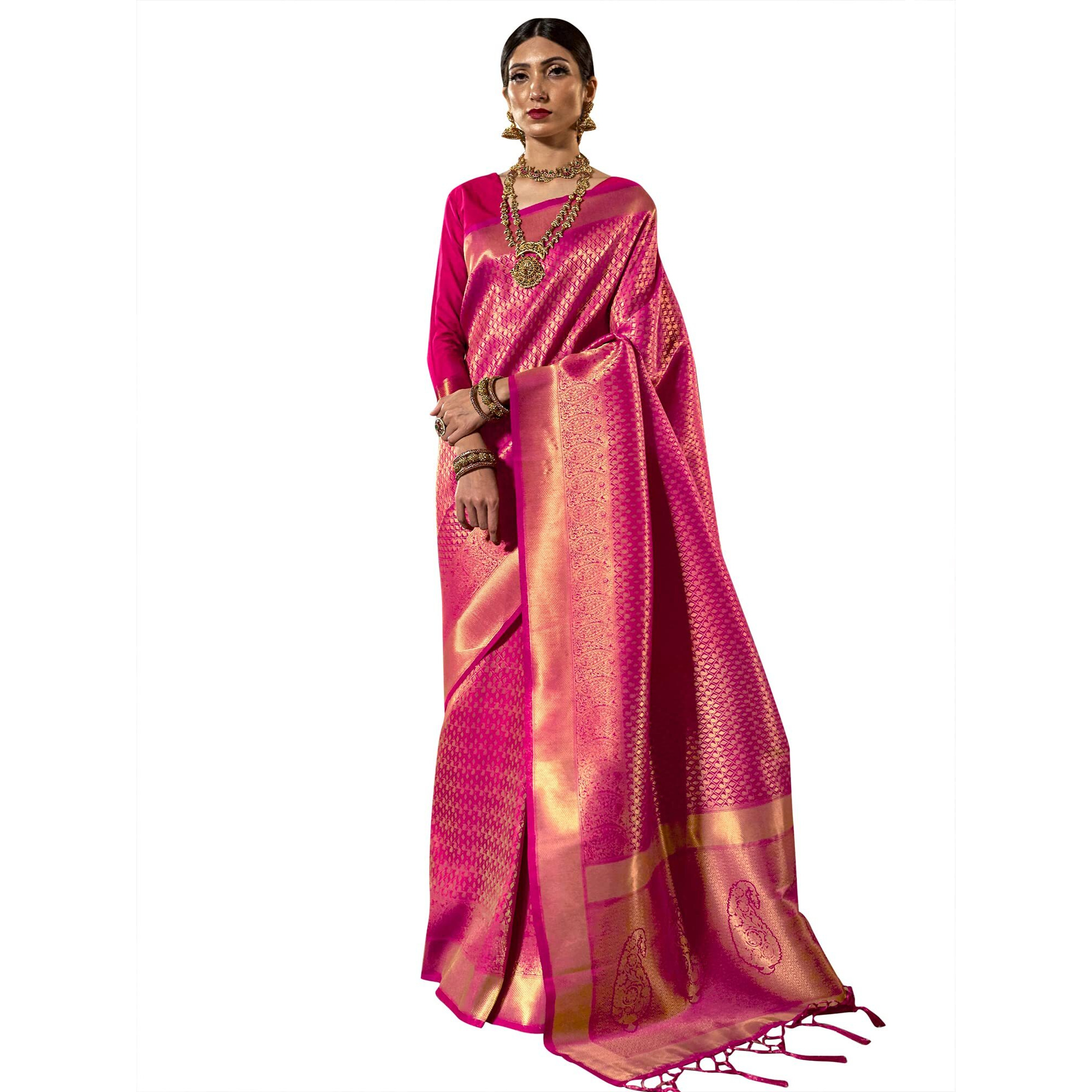AKHILAM Womens Kanjivaram banarasi silk Woven Design Saree With Unstitched Blouse Piece (Pink_KNDIN145006_3)