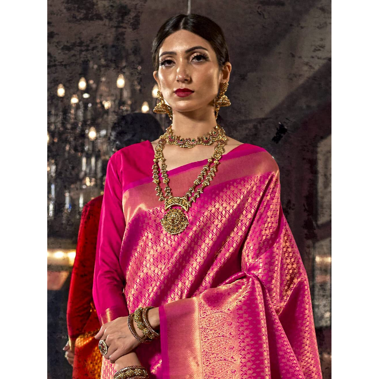 AKHILAM Womens Kanjivaram banarasi silk Woven Design Saree With Unstitched Blouse Piece (Pink_KNDIN145006_3)