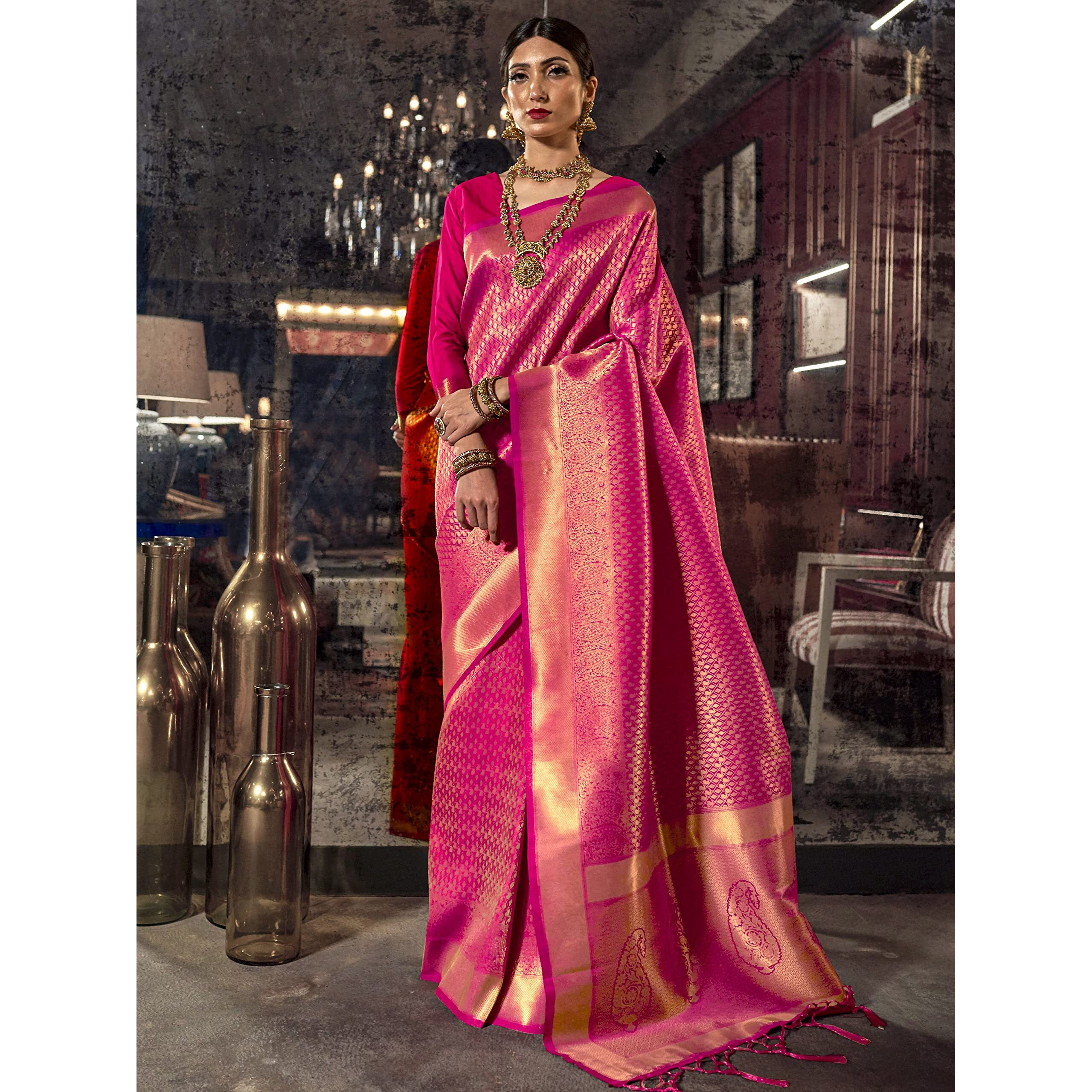 AKHILAM Womens Kanjivaram banarasi silk Woven Design Saree With Unstitched Blouse Piece (Pink_KNDIN145006_3)