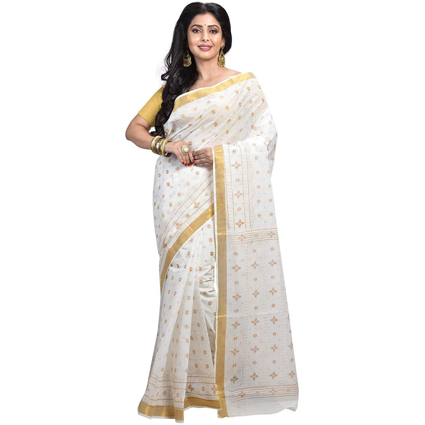 Raj Sarees Womens Traditional Pure Cotton Bengali Handloom Tant Saree without Blouse Piece (333-P-N, Off-White and Yellow)