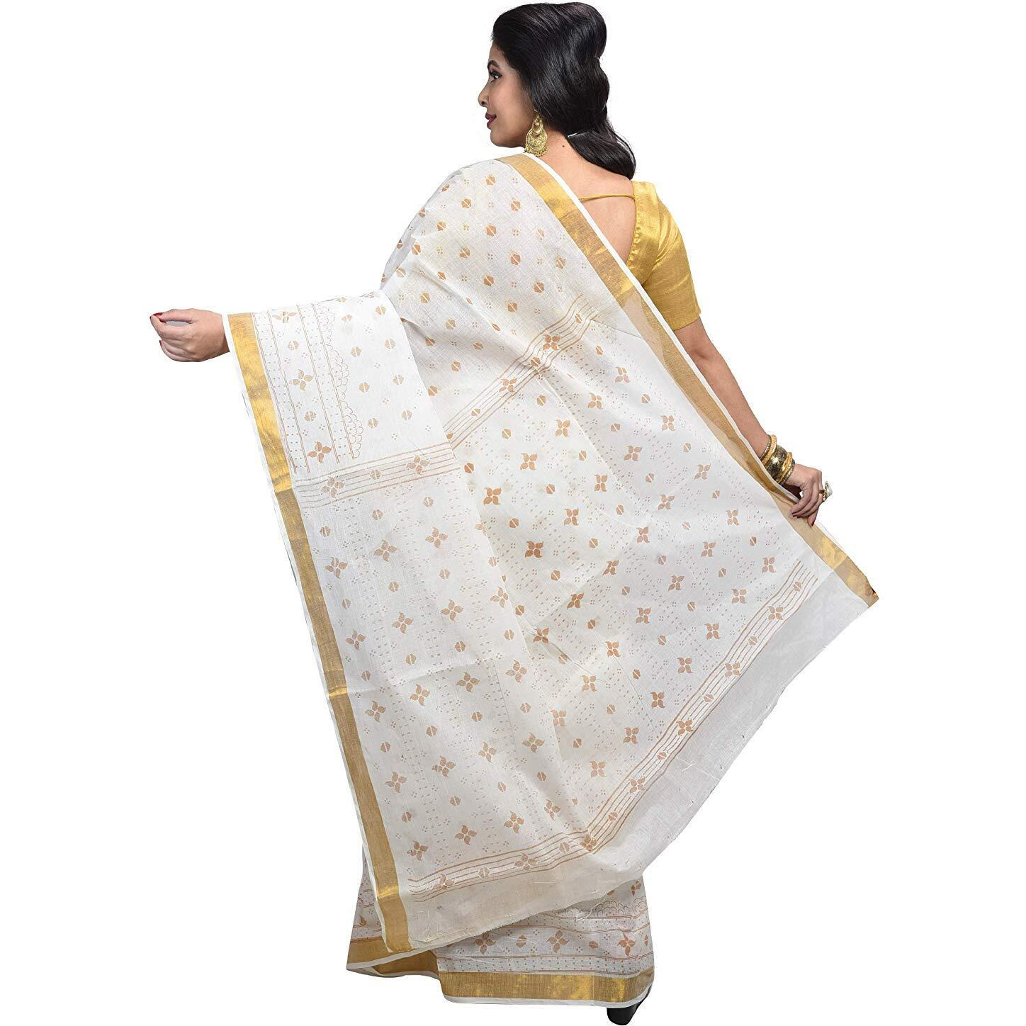 Raj Sarees Womens Traditional Pure Cotton Bengali Handloom Tant Saree without Blouse Piece (333-P-N, Off-White and Yellow)