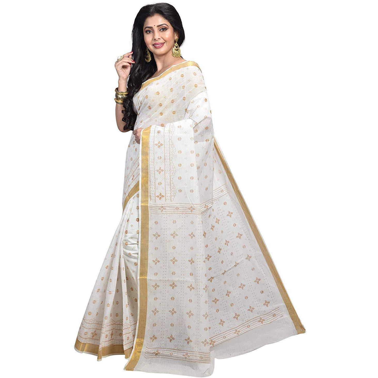 Raj Sarees Womens Traditional Pure Cotton Bengali Handloom Tant Saree without Blouse Piece (333-P-N, Off-White and Yellow)