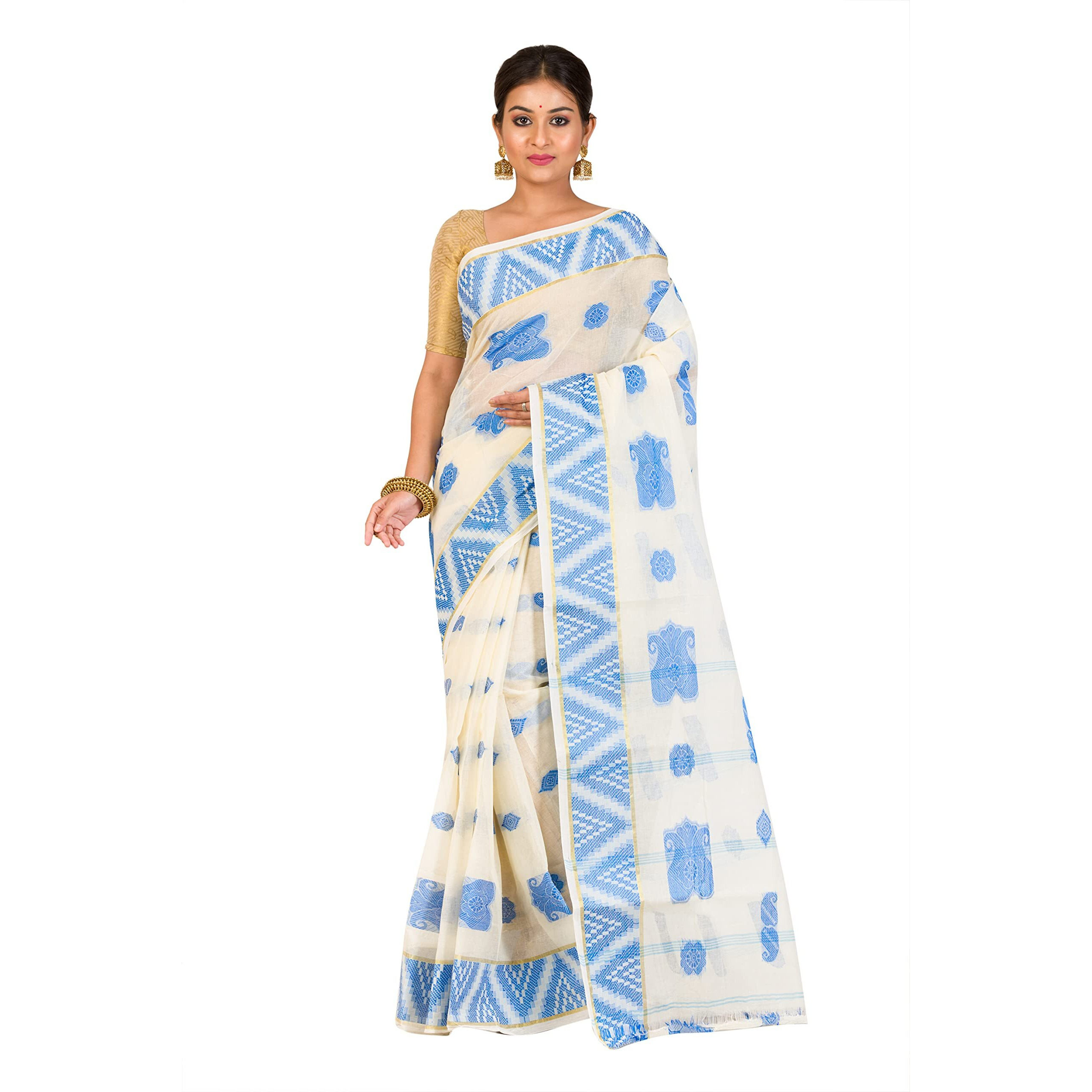 RAJ SAREE HOUSE Womens Traditional Pure Cotton Bengali Handloom Tant Saree - Without Blouse Piece (Off- White-Sky)