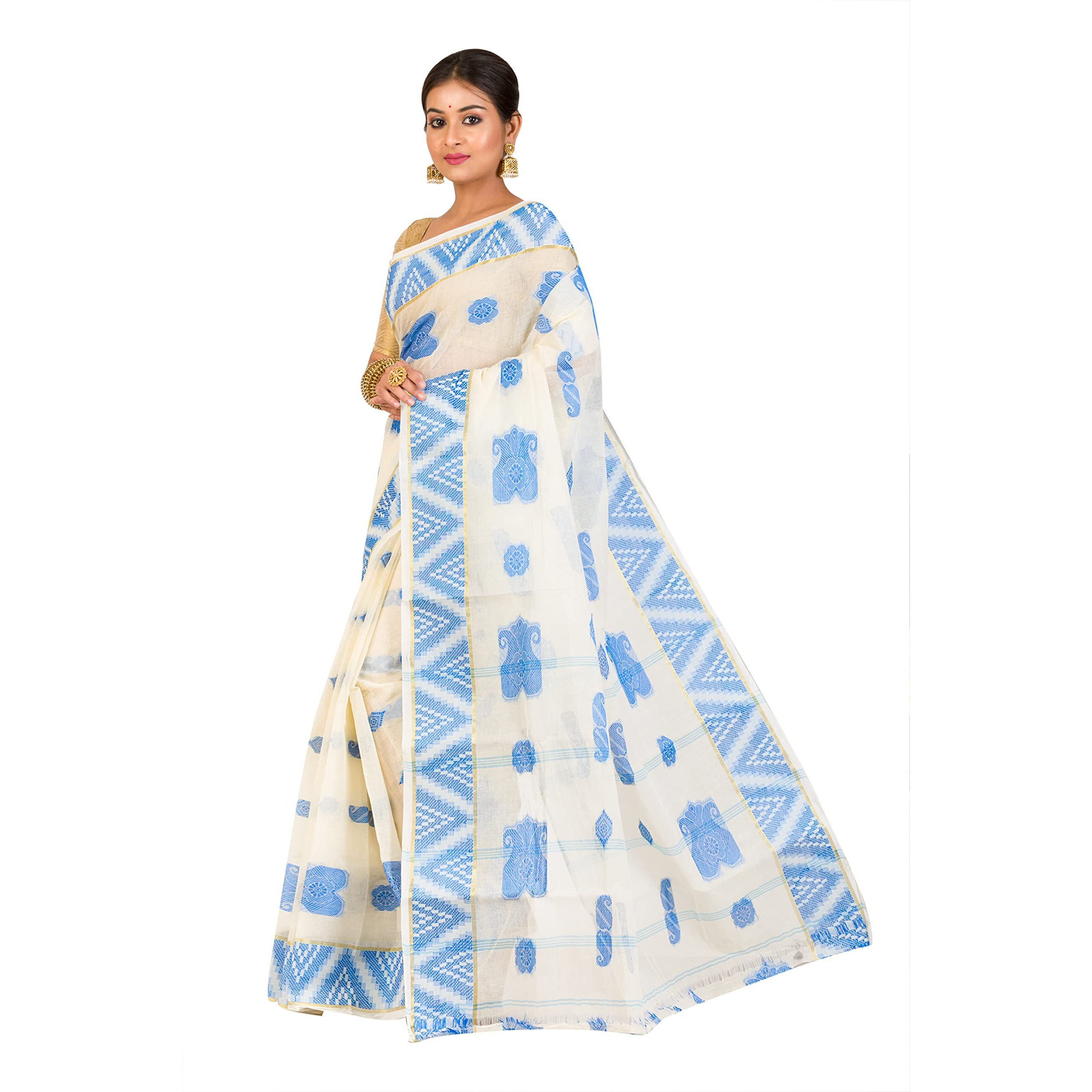 RAJ SAREE HOUSE Womens Traditional Pure Cotton Bengali Handloom Tant Saree - Without Blouse Piece (Off- White-Sky)
