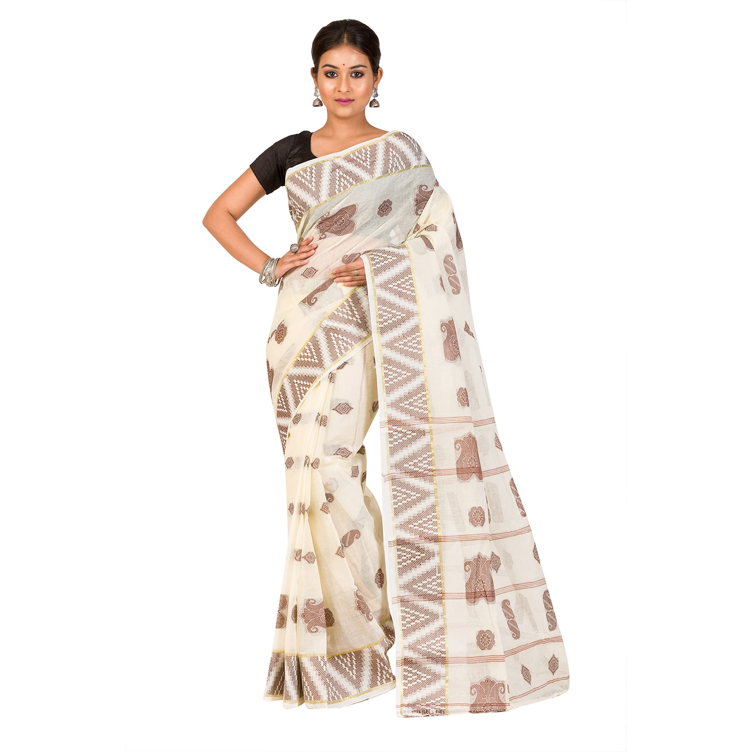 RAJ SAREE HOUSE Womens Traditional Pure Cotton Bengali Handloom Tant Saree - Without Blouse Piece (Off- White-Tamak)