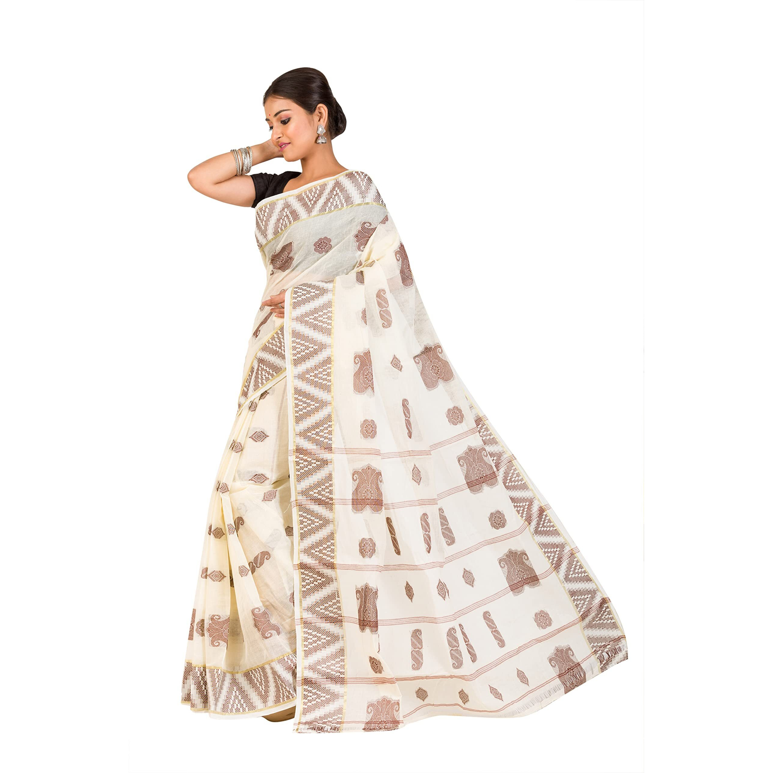 RAJ SAREE HOUSE Womens Traditional Pure Cotton Bengali Handloom Tant Saree - Without Blouse Piece (Off- White-Tamak)