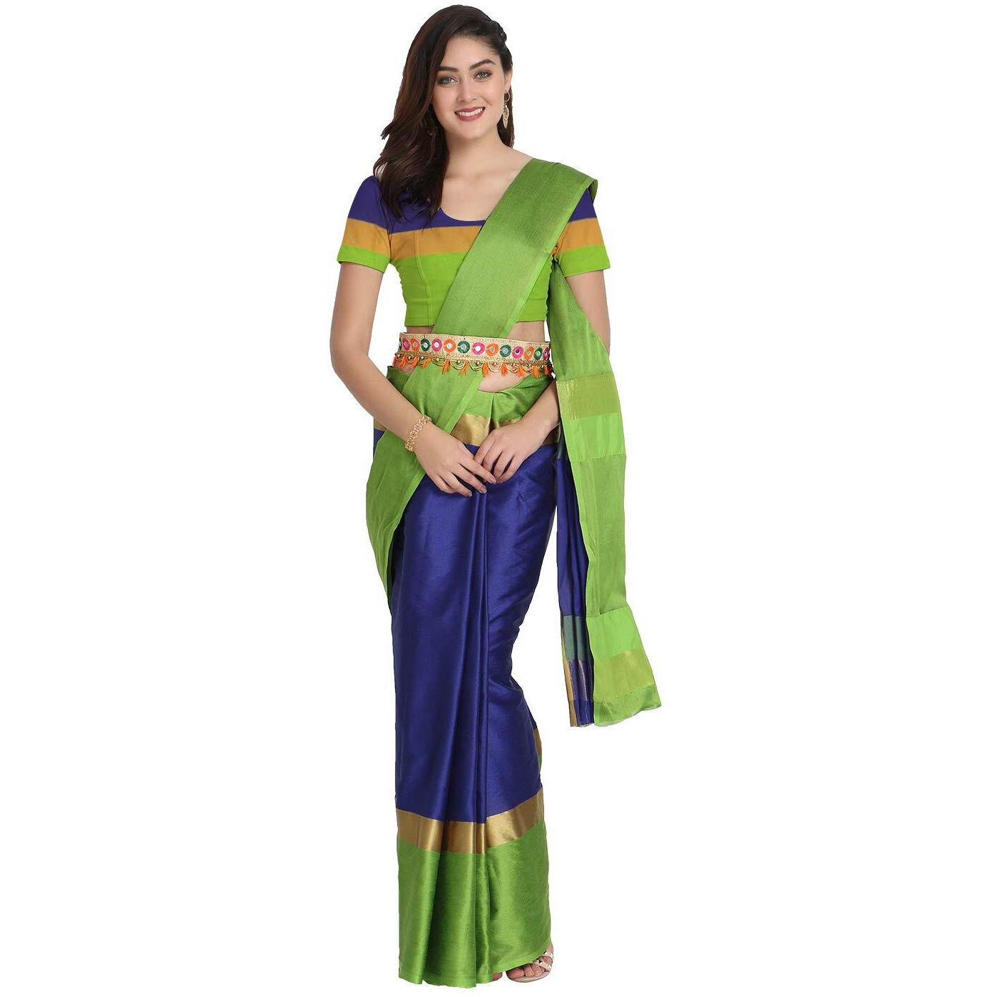 Leriya Fashion Womens Cotton Silk Solid Saree with Belt-Free Size (Blue)