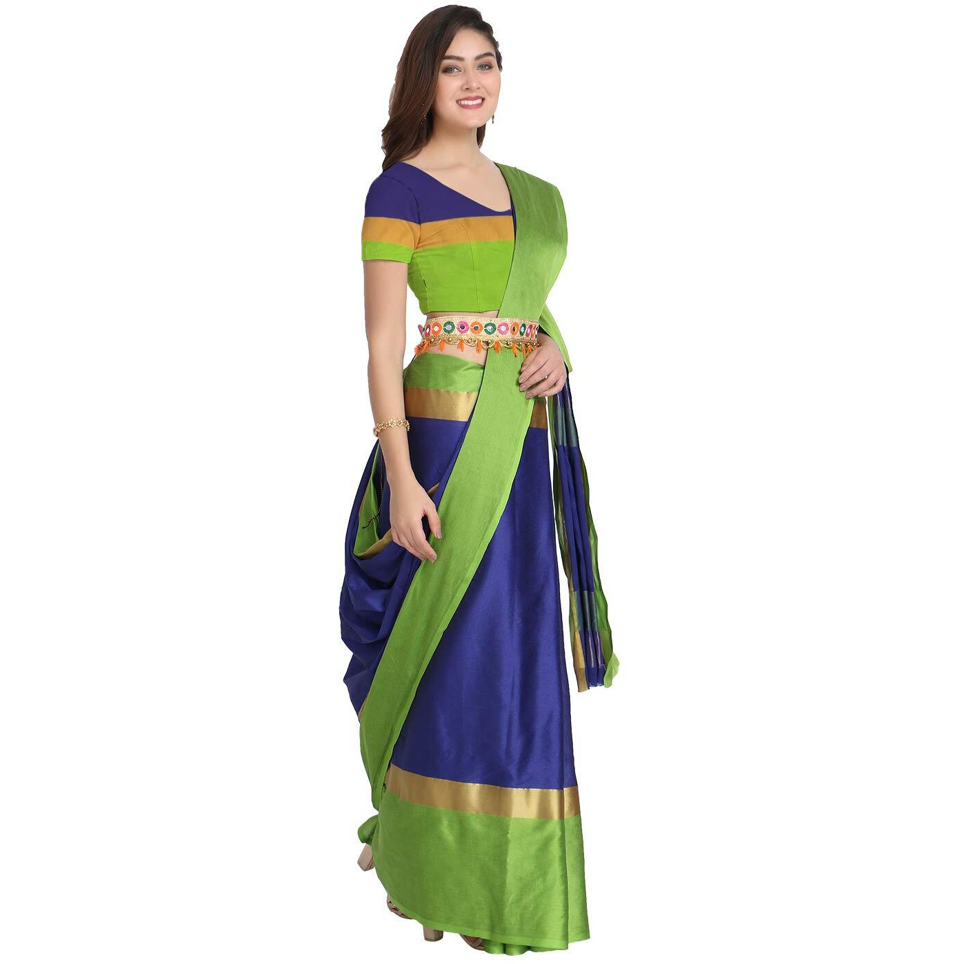 Leriya Fashion Womens Cotton Silk Solid Saree with Belt-Free Size (Blue)