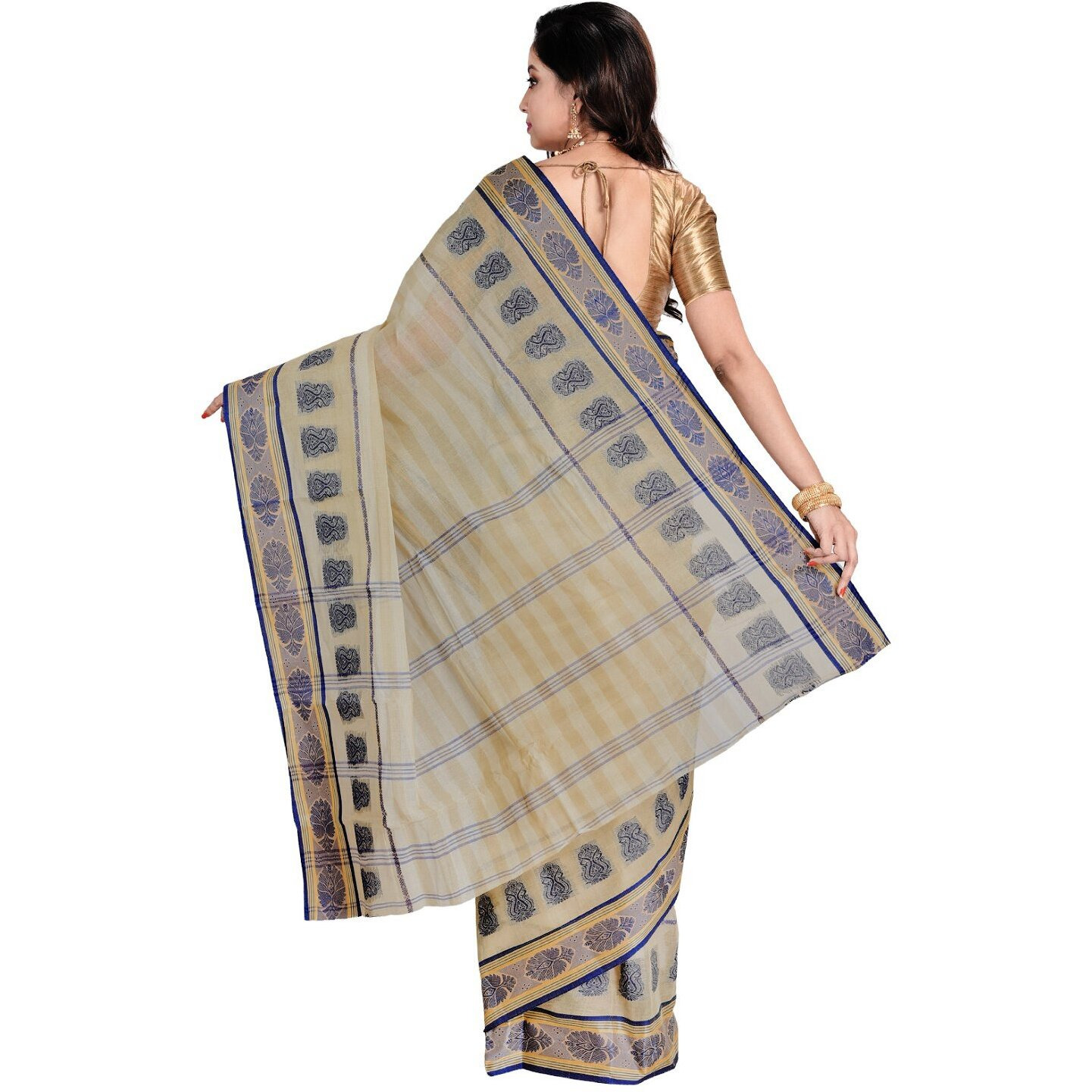 Avik Creations Womens Tant & Tangail Cotton Saree Without Blouse Piece (NGT-17_Light Brown & Blue)