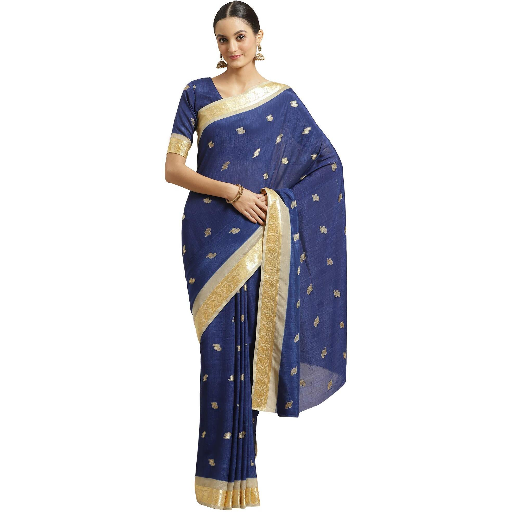 AKHILAM Womens Woven Border Georgette Saree With Unstitched Blouse Piece(Blue_IYAT5302)