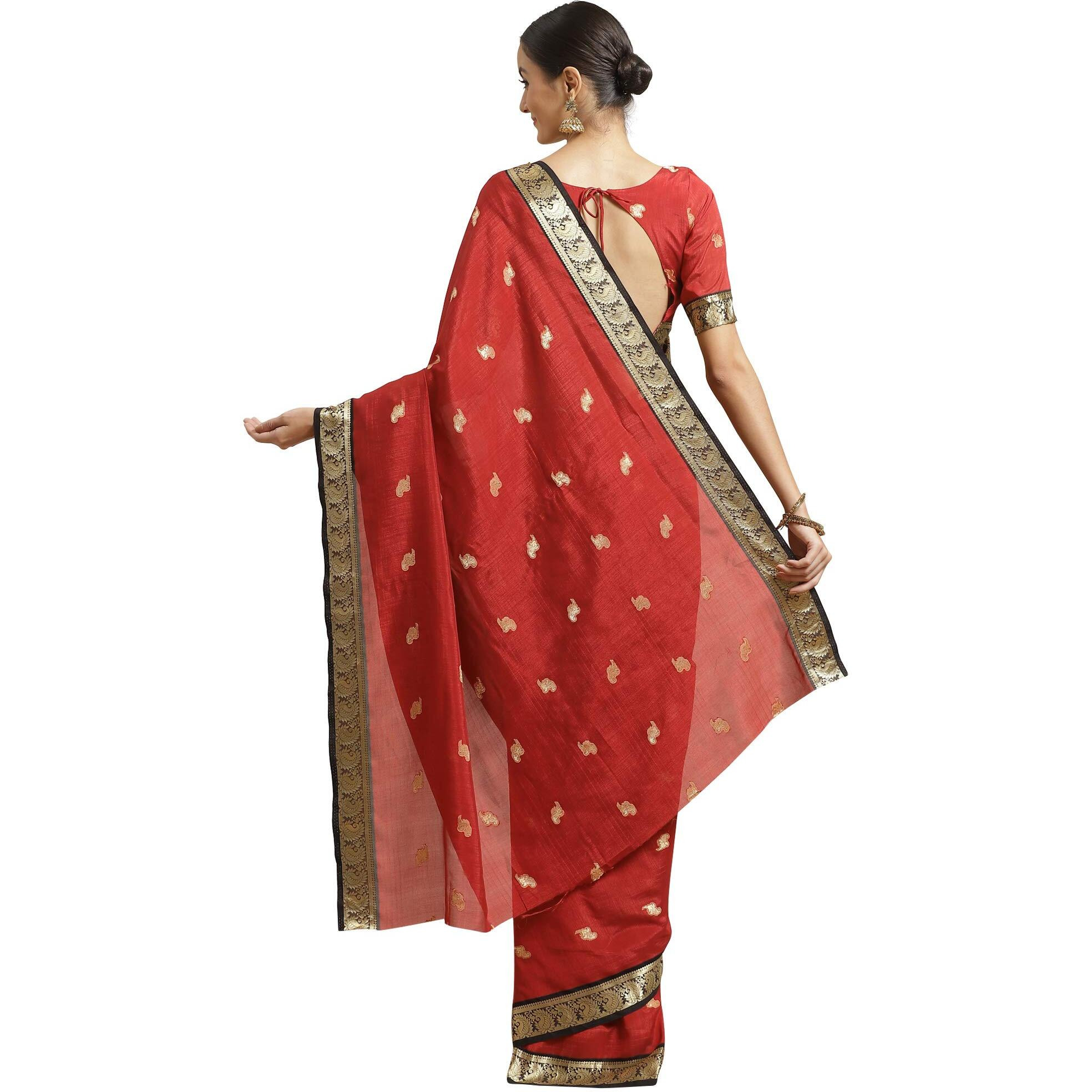 AKHILAM Womens Woven Border Georgette Saree With Unstitched Blouse Piece(Red_IYAT5301)
