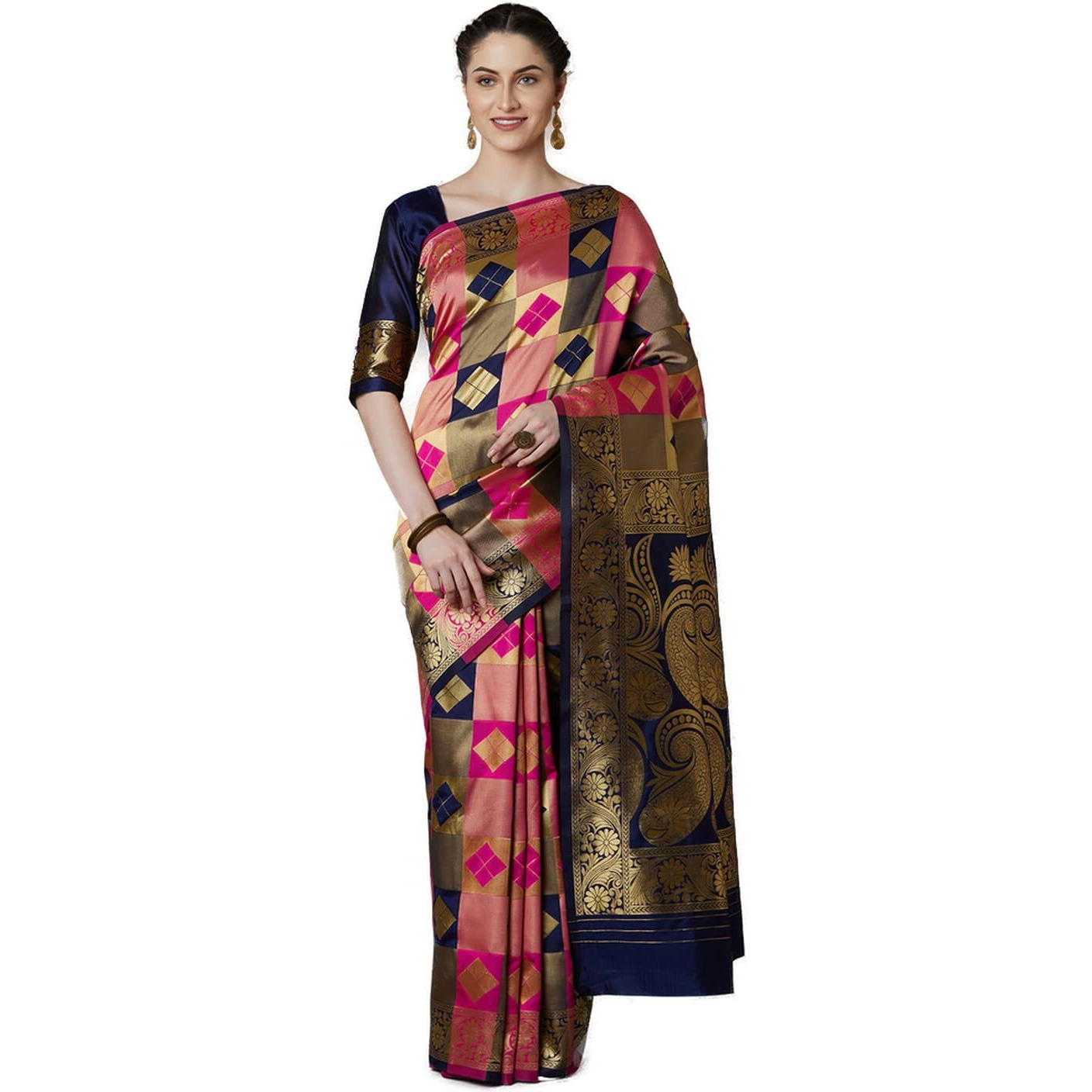 AKHILAM Womens Woven Design Banarsi Silk Saree With Unstitched Blouse Piece (Navy Blue & Pink_GRM6302_QL)