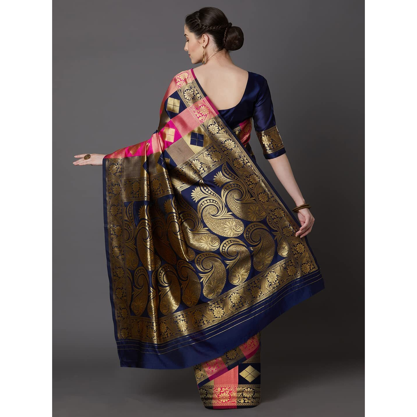 AKHILAM Womens Woven Design Banarsi Silk Saree With Unstitched Blouse Piece (Navy Blue & Pink_GRM6302_QL)