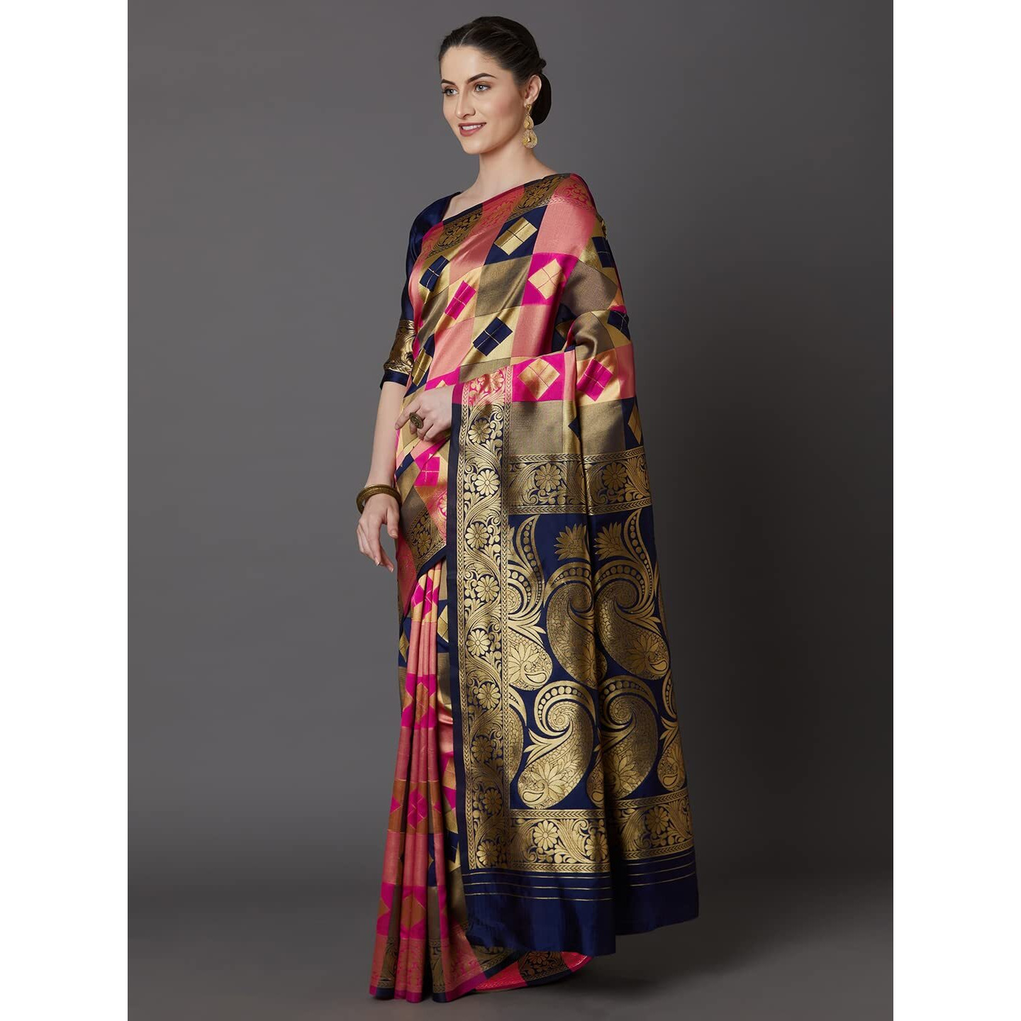 AKHILAM Womens Woven Design Banarsi Silk Saree With Unstitched Blouse Piece (Navy Blue & Pink_GRM6302_QL)