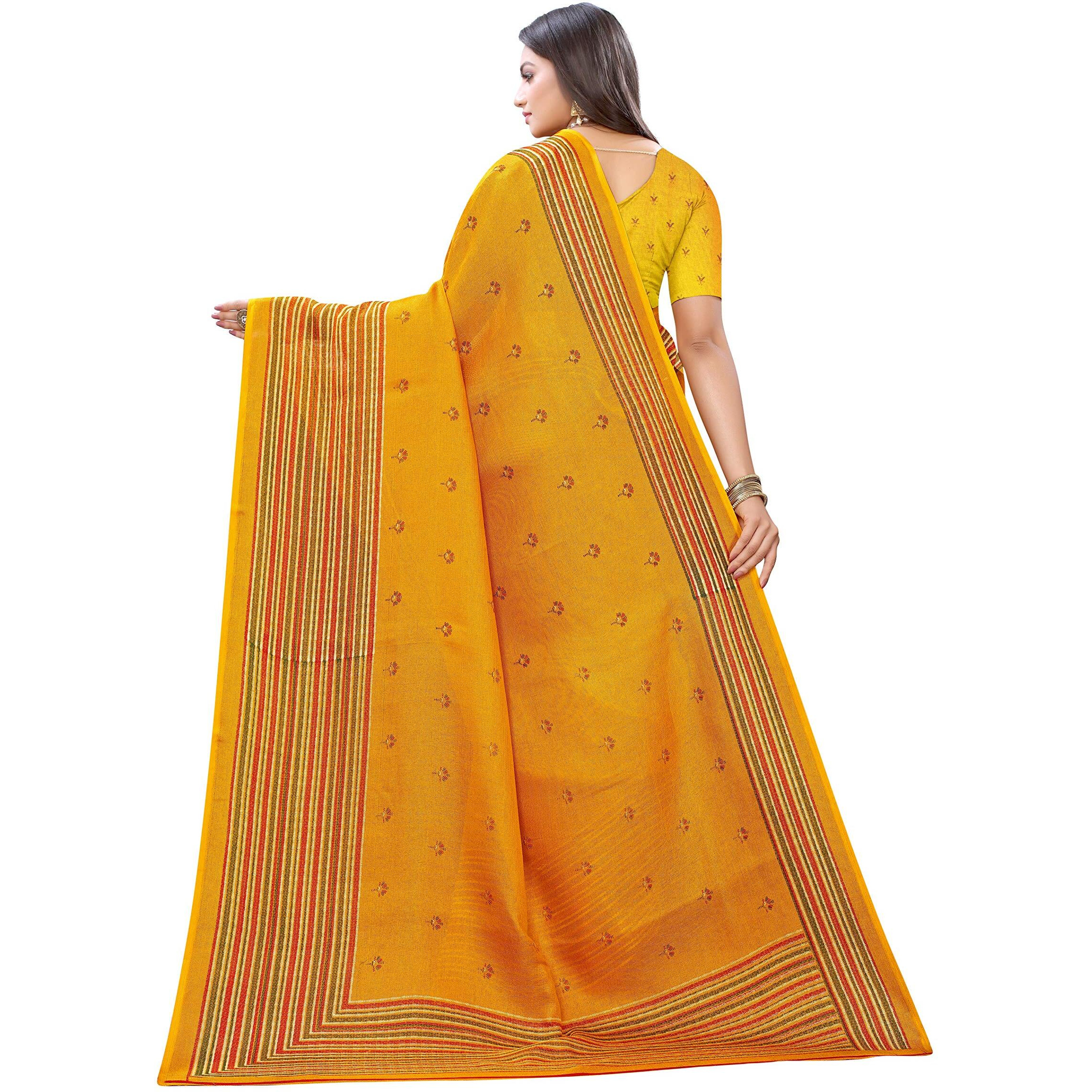 AKHILAM Womens Floral Jute Silk Maheshwari Saree with Blouse Piece (Mustard_JUTH103G)