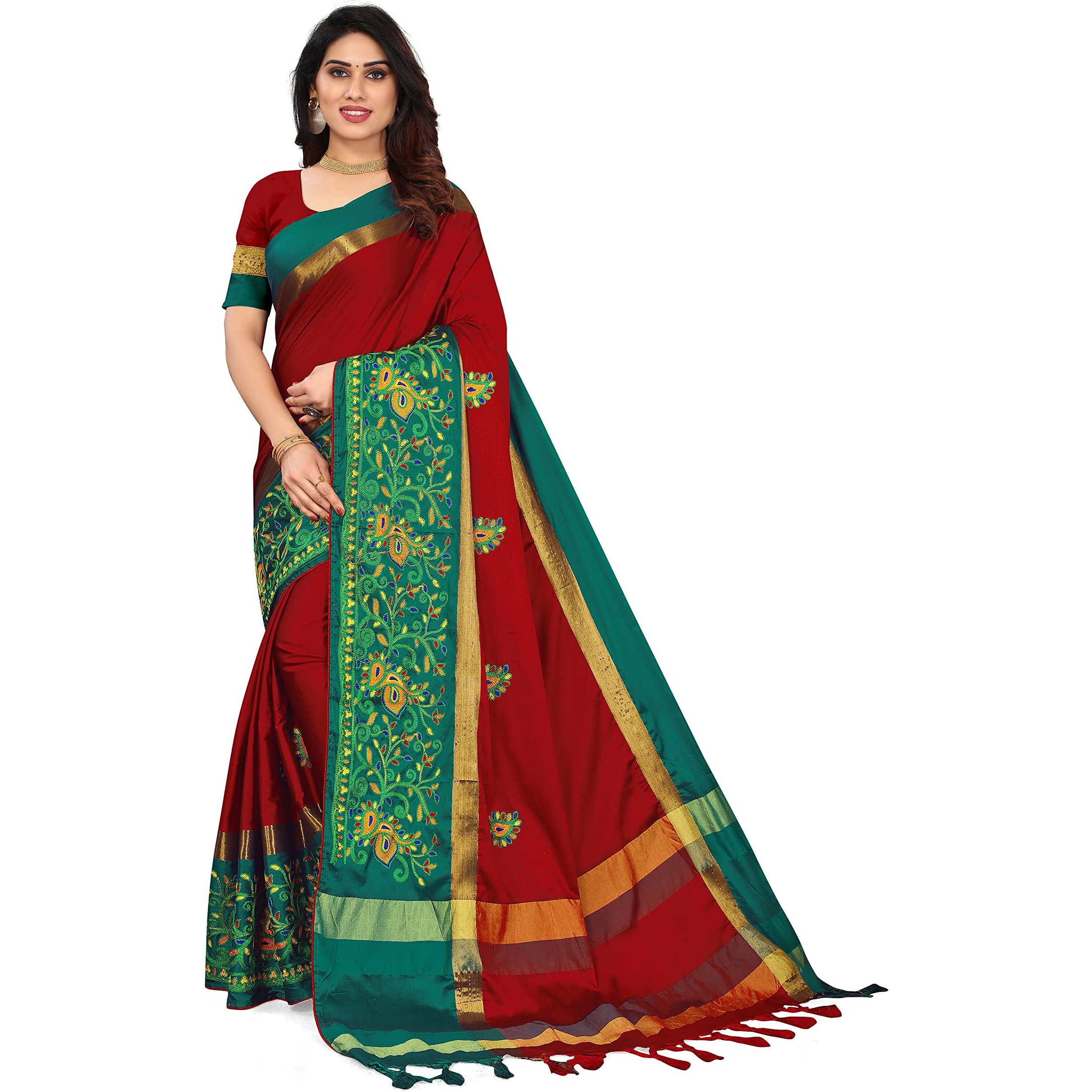 SERONA FABRICS Womens Banarasi Cotton Saree With Blouse Piece (SERONA1234_(1)_Red And Green)